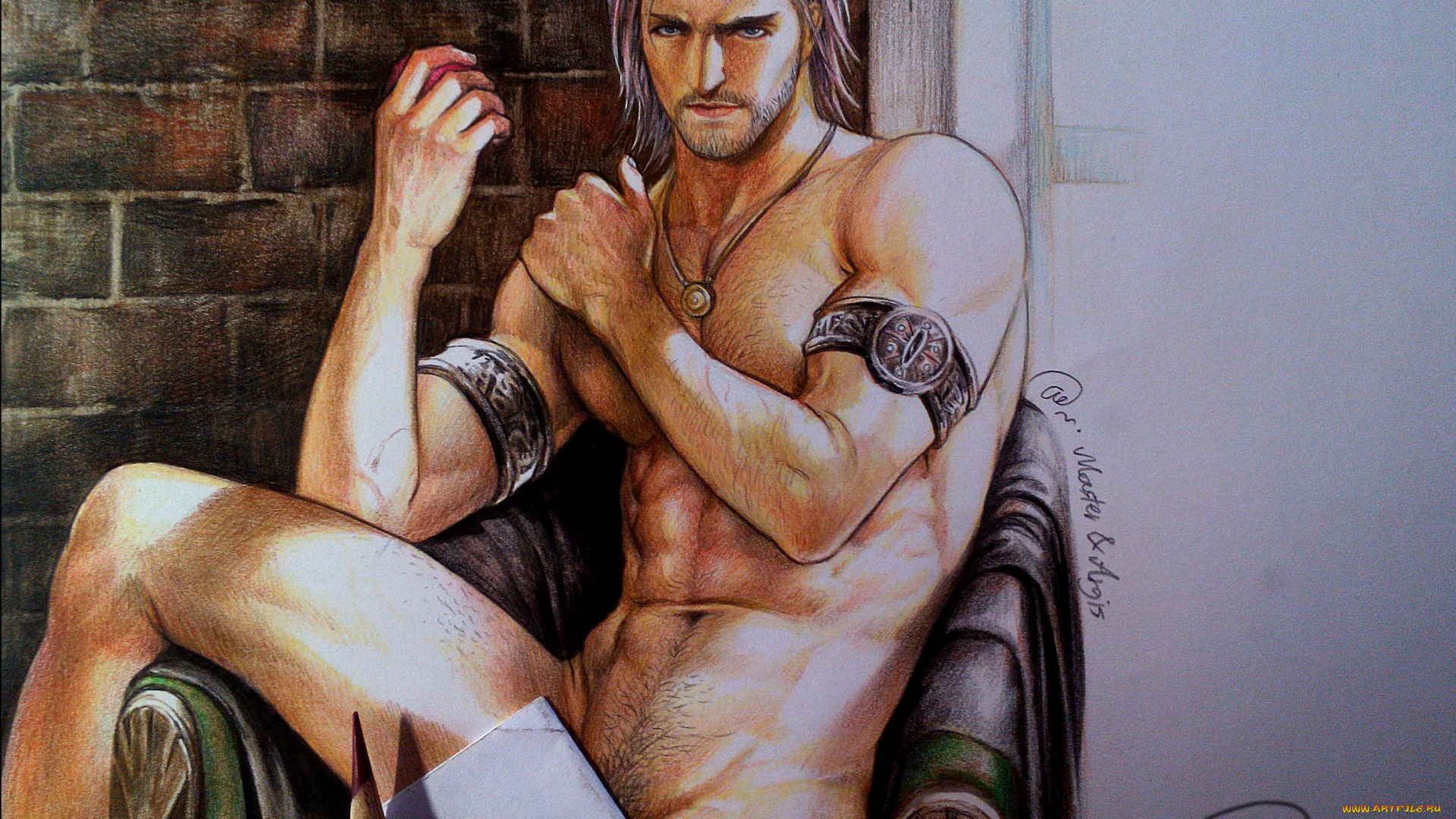 рисованное, люди, обнажён, мускулы, тело, мужчина