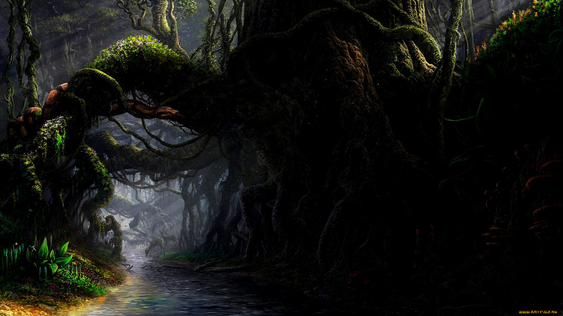 рисованное, природа, деревья, лес, пейзаж