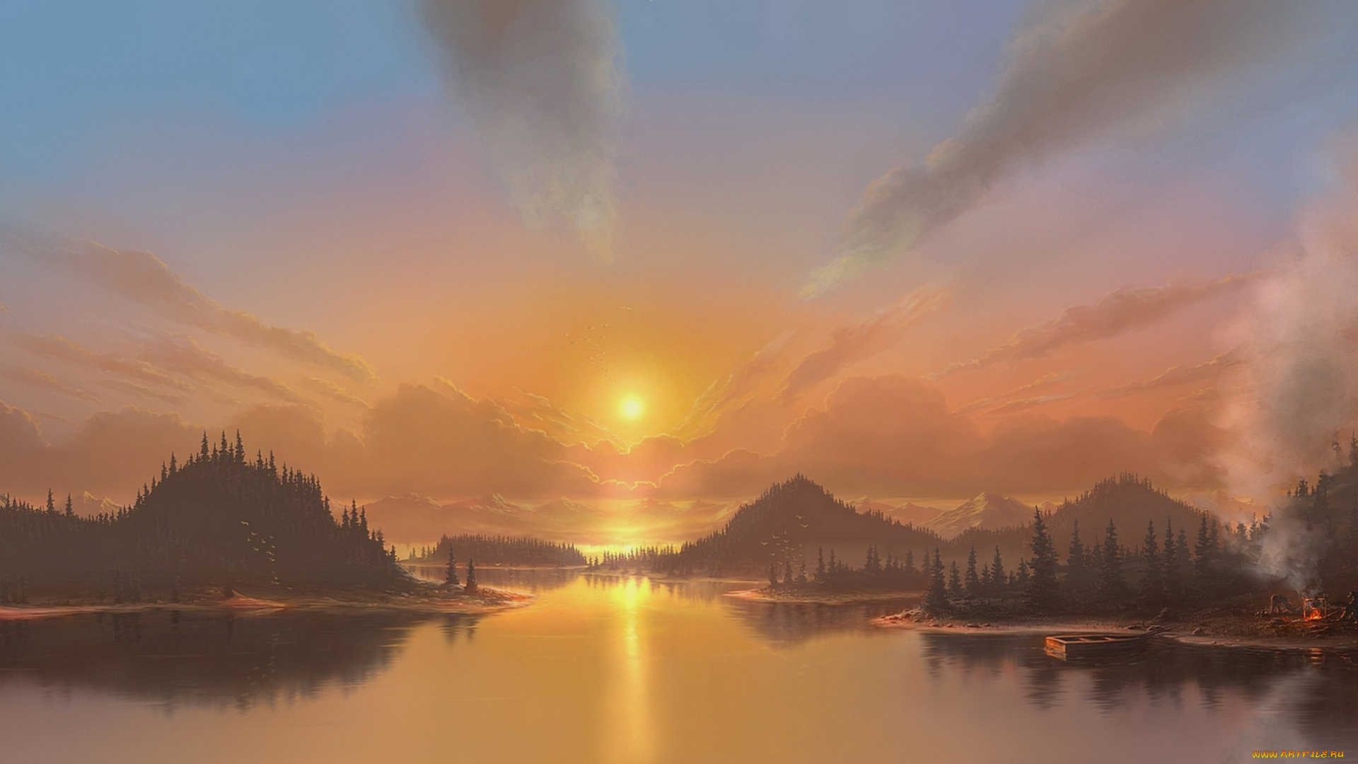 рисованное, природа, закат