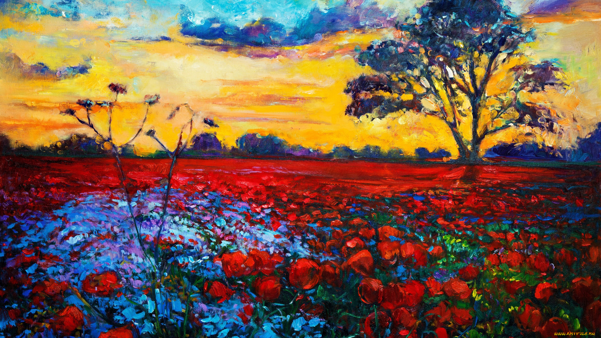 рисованное, живопись, цветы, пейзаж, деревья, небо, облака