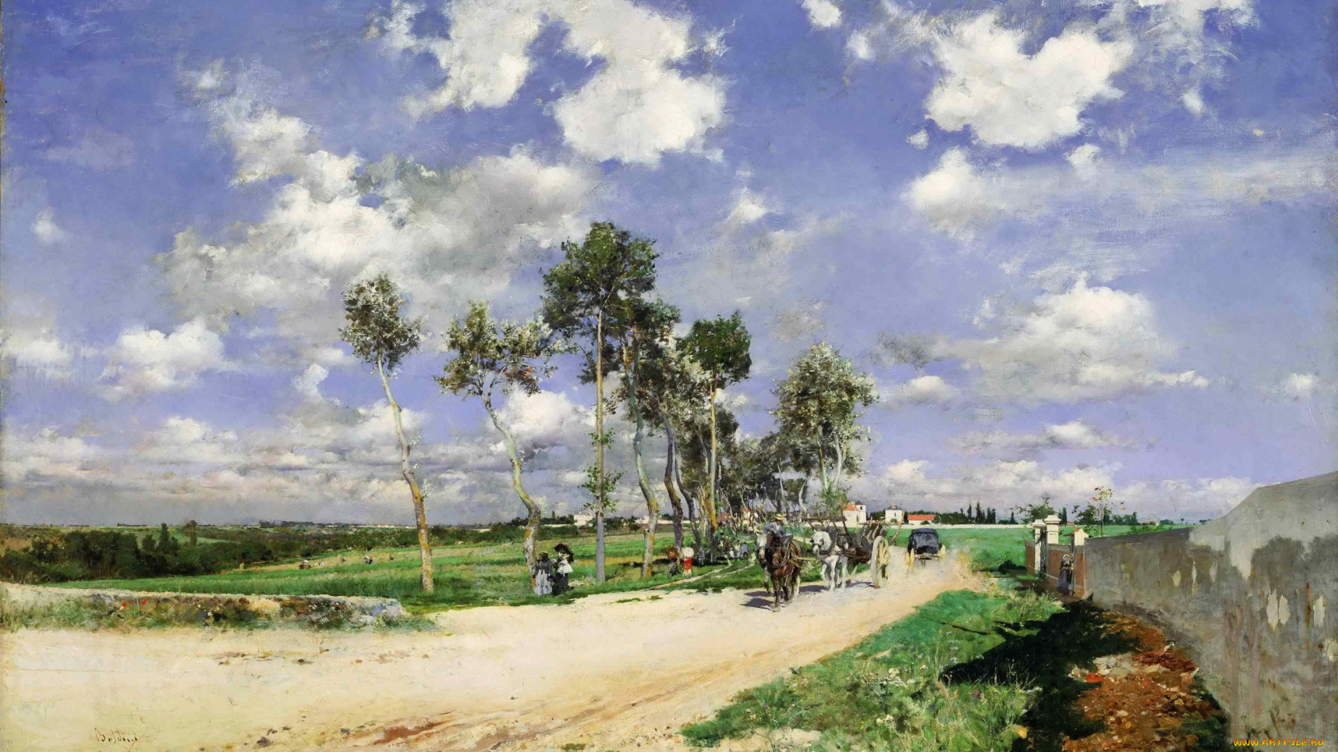 рисованное, живопись, лес, giovanni, boldini, трава, деревья, дорога, лошадь, повозка, облака, пейзаж, люди, небо, горизонт