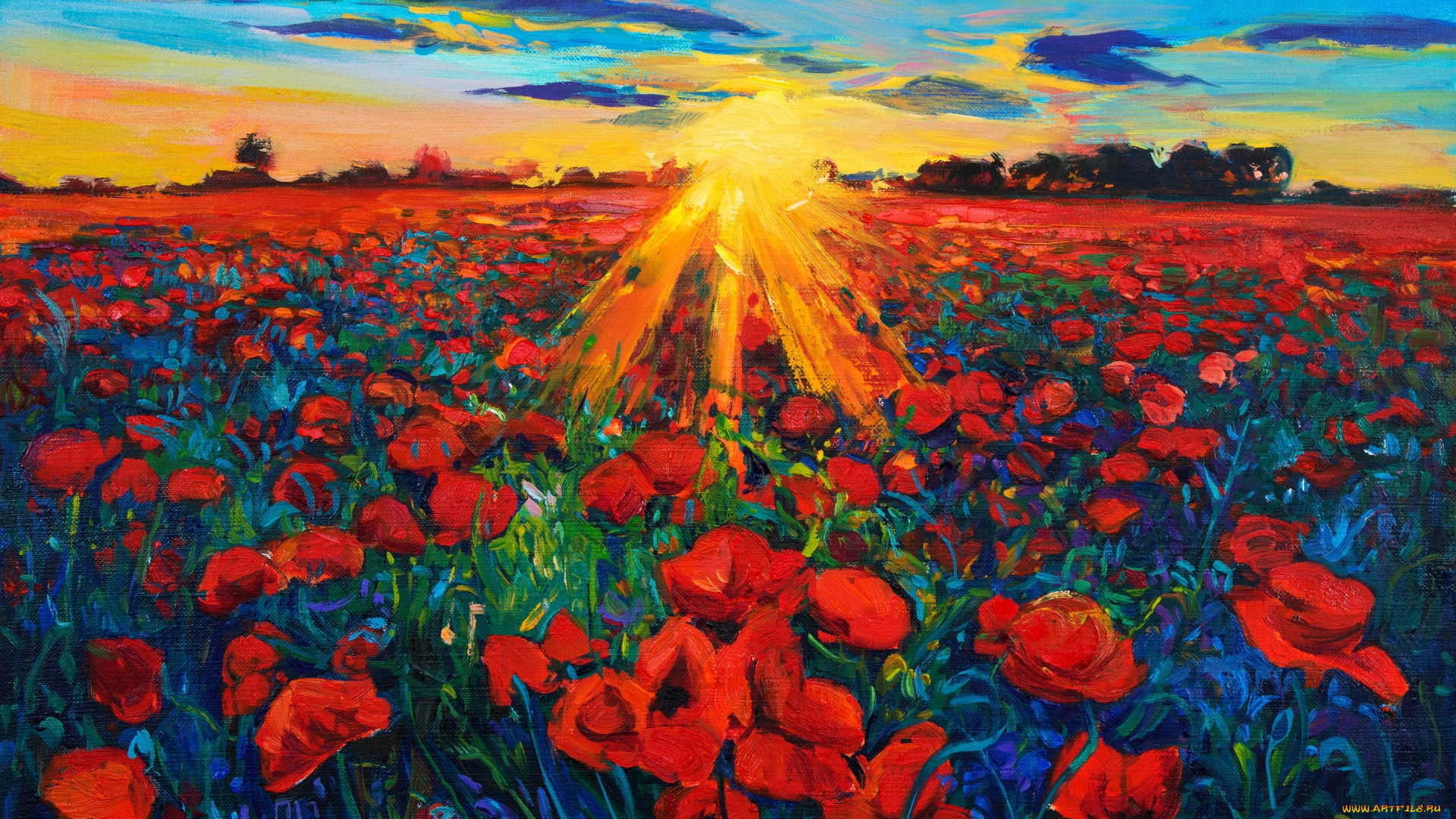 рисованное, живопись, пейзаж, цветы, природа, солнце, небо