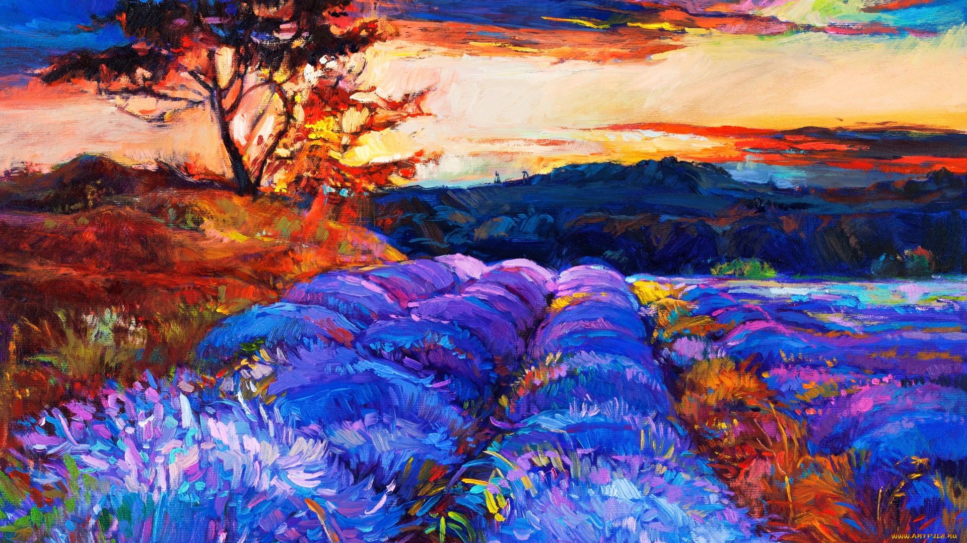 рисованное, живопись, природа, пейзаж, деревья, цветы, небо