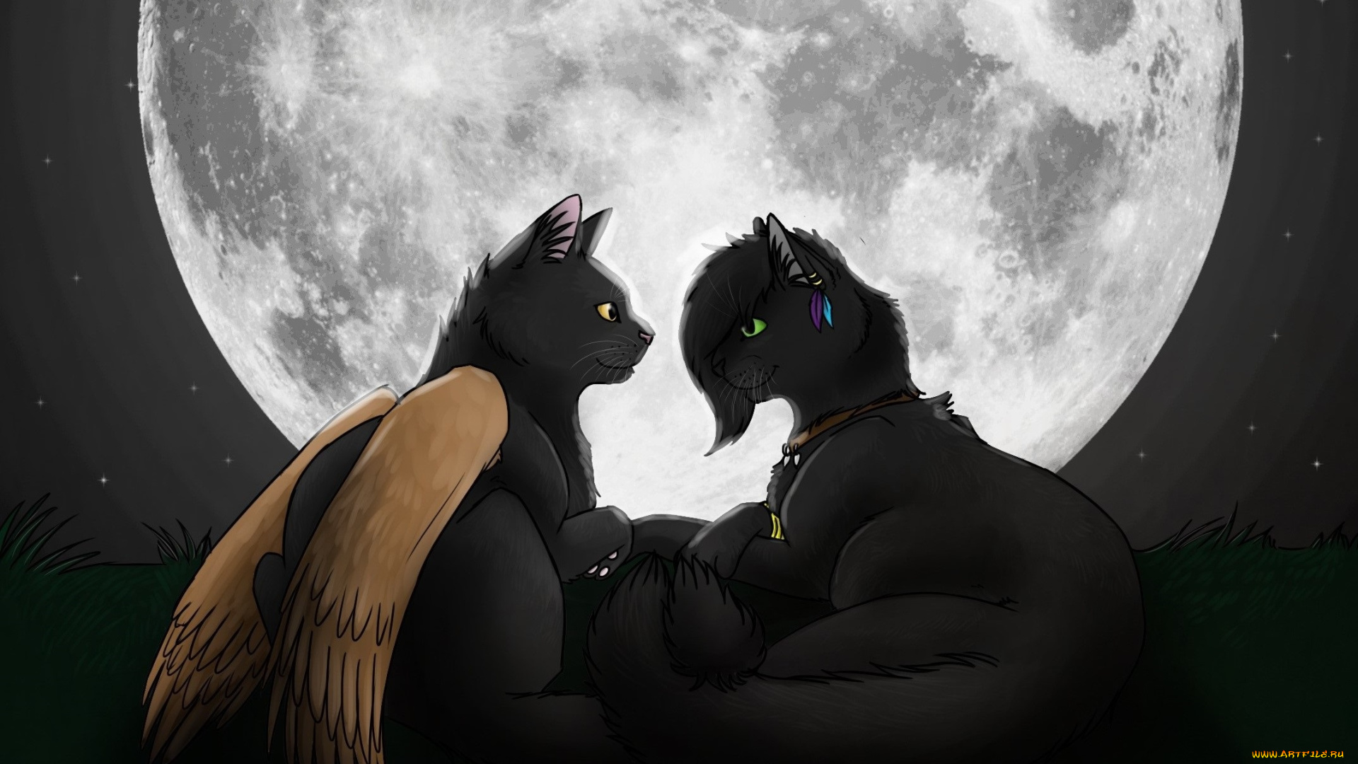 рисованное, животные, , сказочные, , мифические, кошки, луна, взгляд