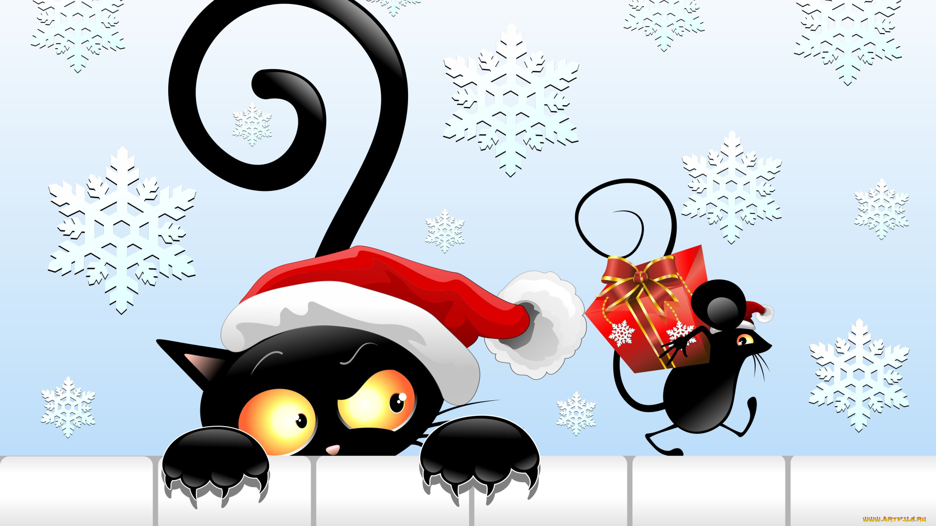 векторная, графика, животные, , animals, шапка, подарок, черный, кот, новый, год, хвост, взгляд, мышка