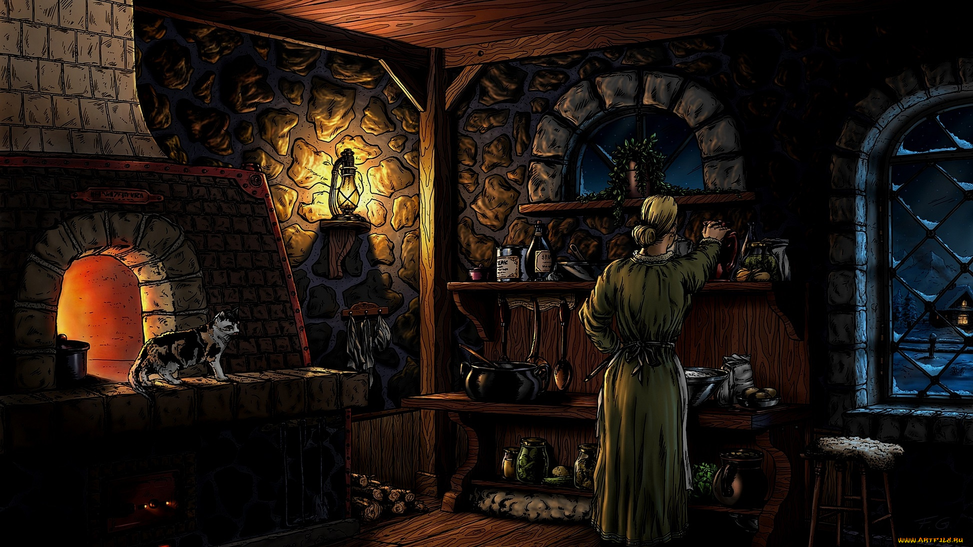 рисованное, люди, стена, женщина, дом