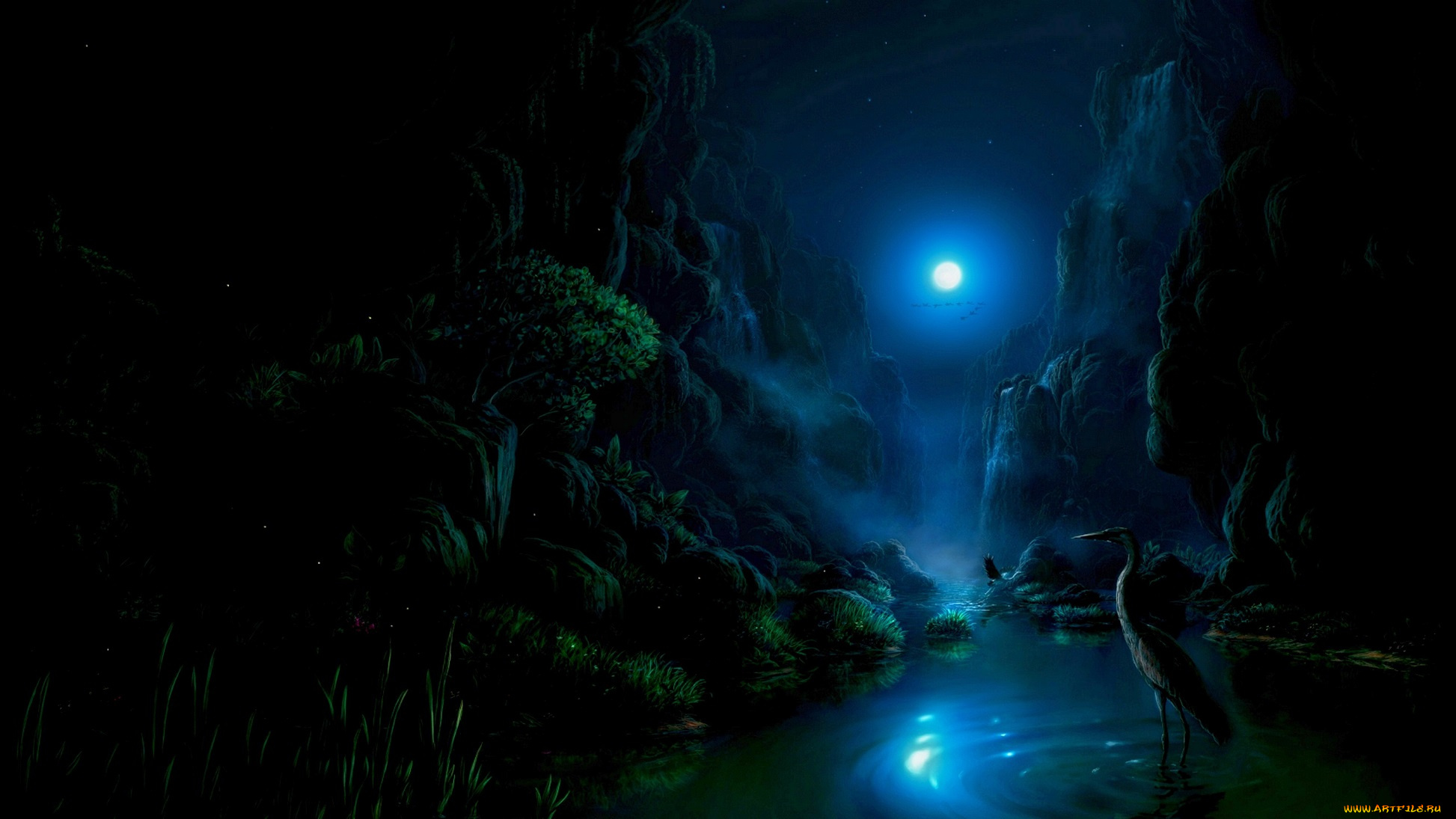 рисованное, природа, цапля, озеро, ночь