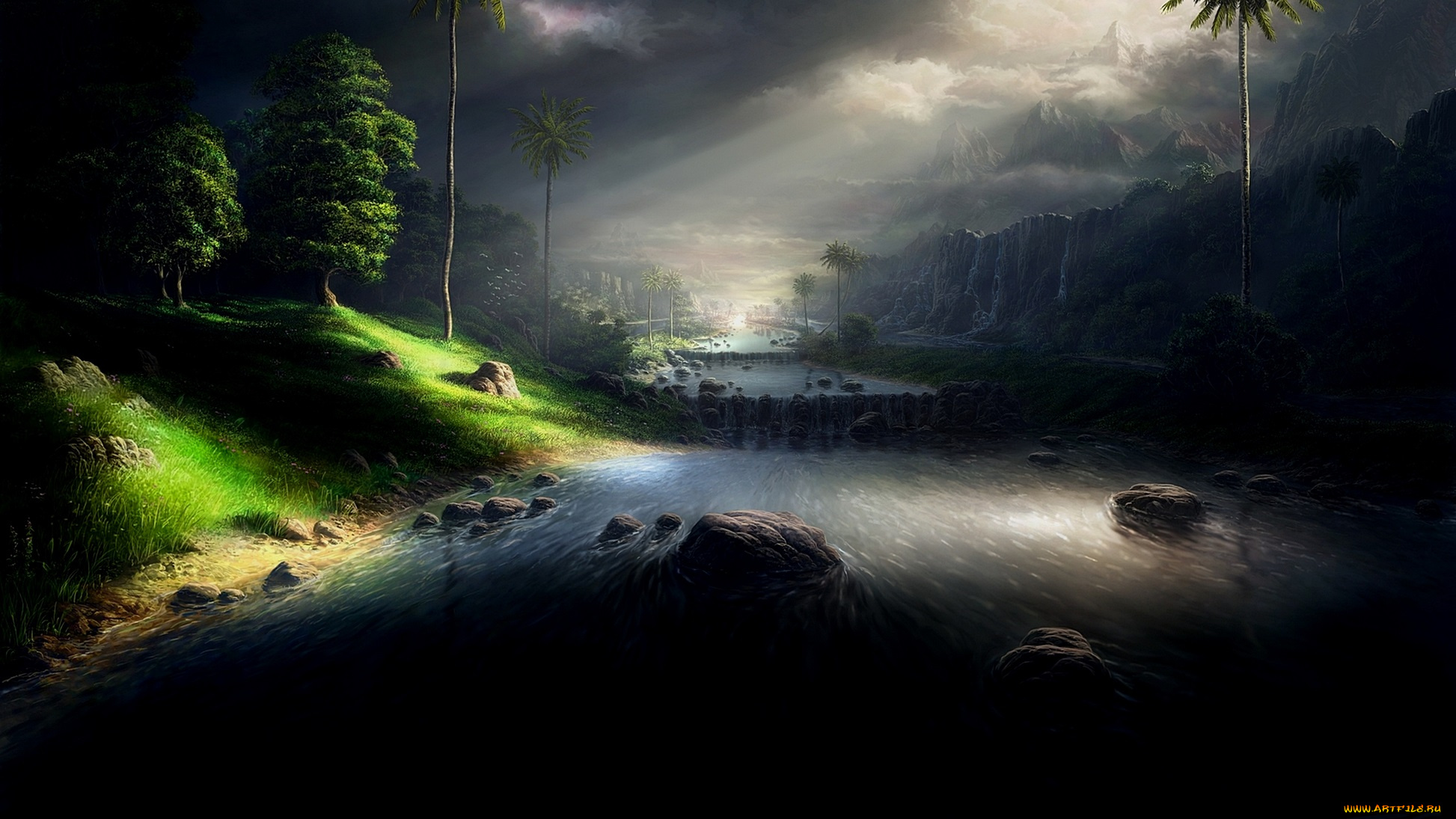 рисованное, природа, пейзаж, пальмы, горы, река
