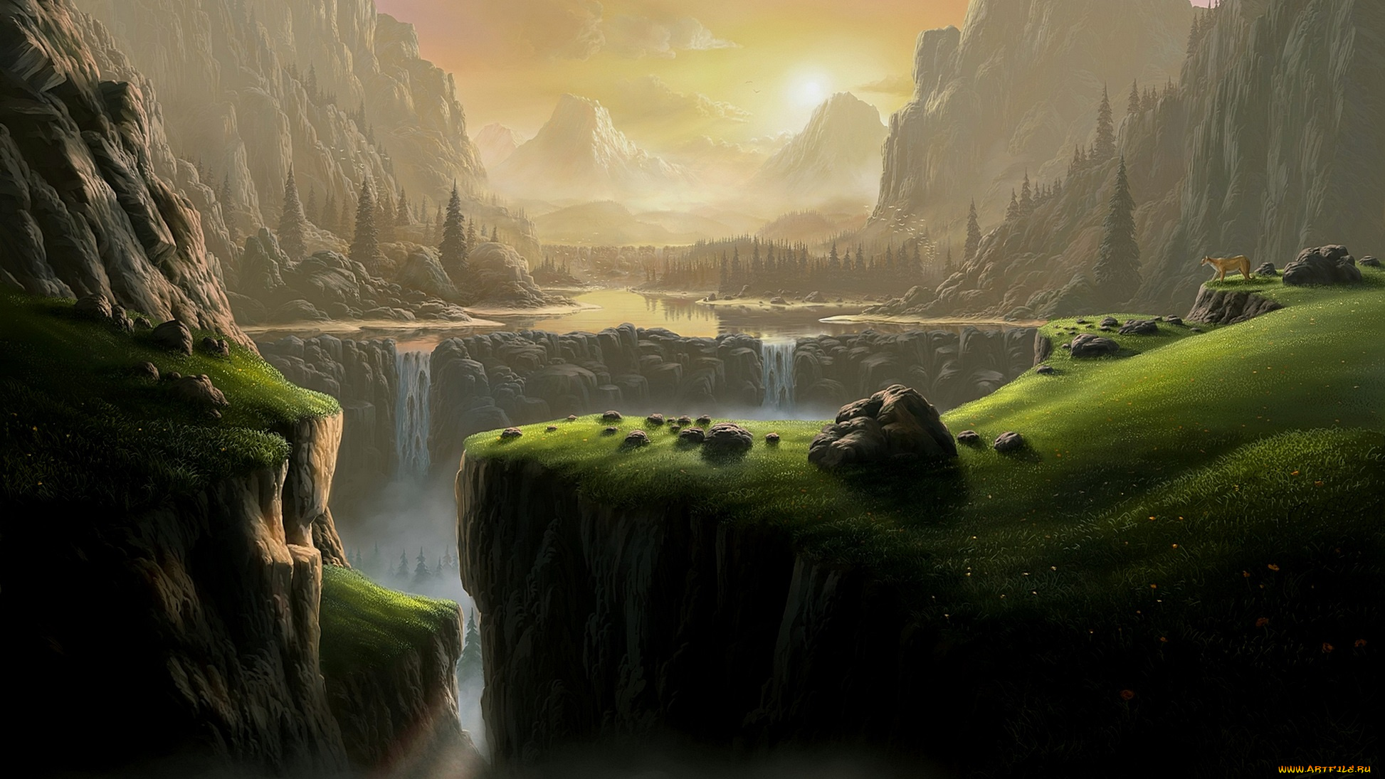 рисованное, природа, закат, небо, пейзаж