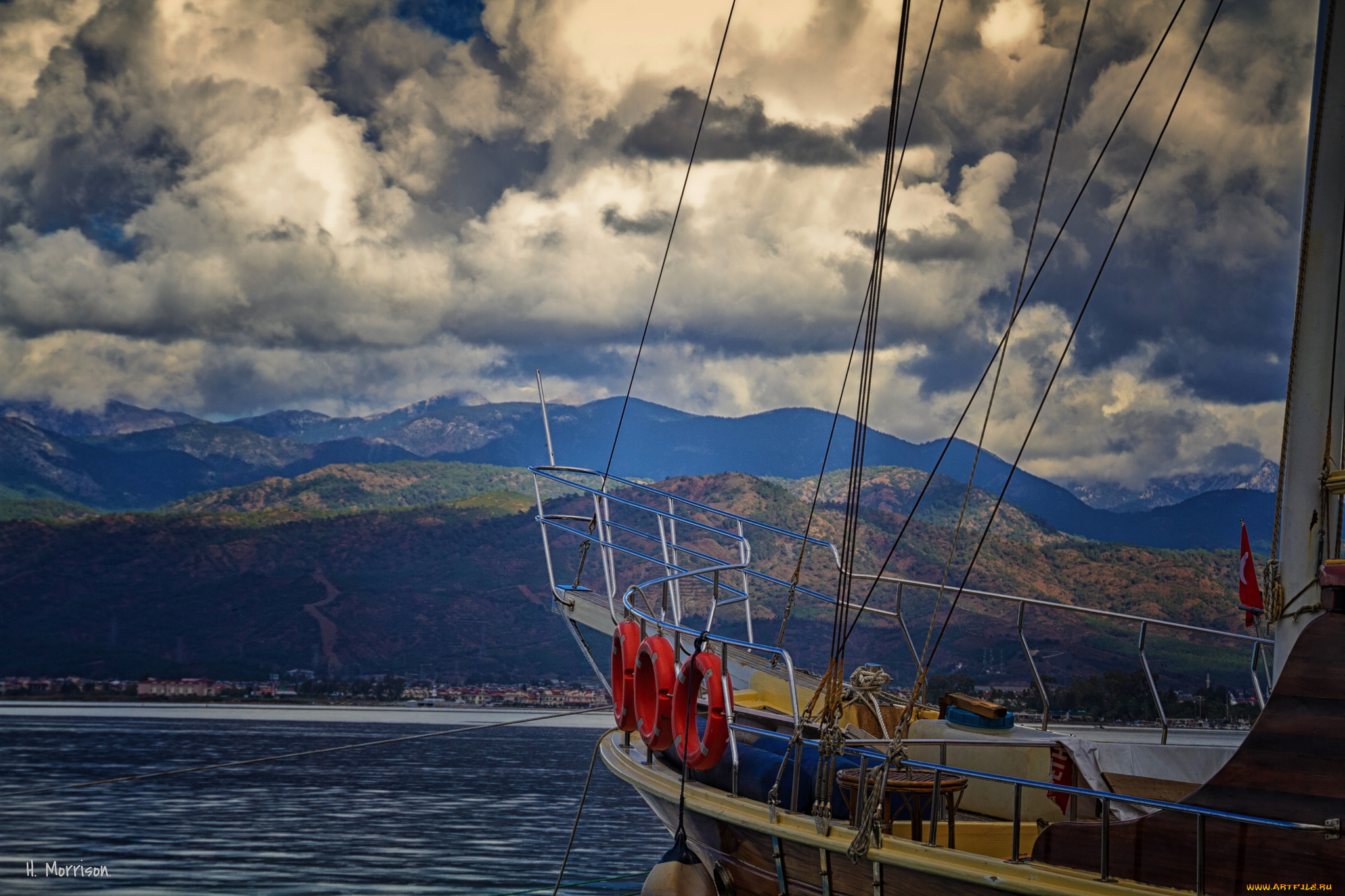корабли, парусники, пейзаж, небо, горы, облака, парусник, море