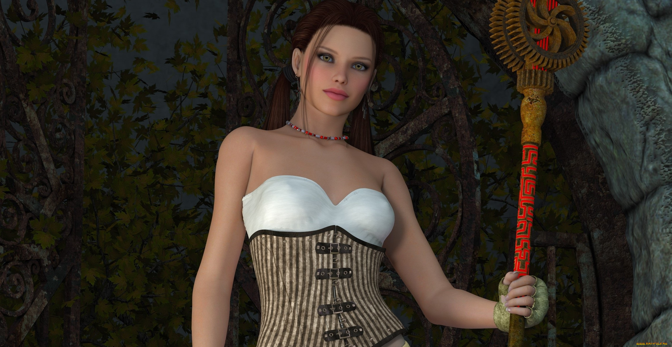 3д, графика, фантазия, , fantasy, фон, шест, взгляд, девушка