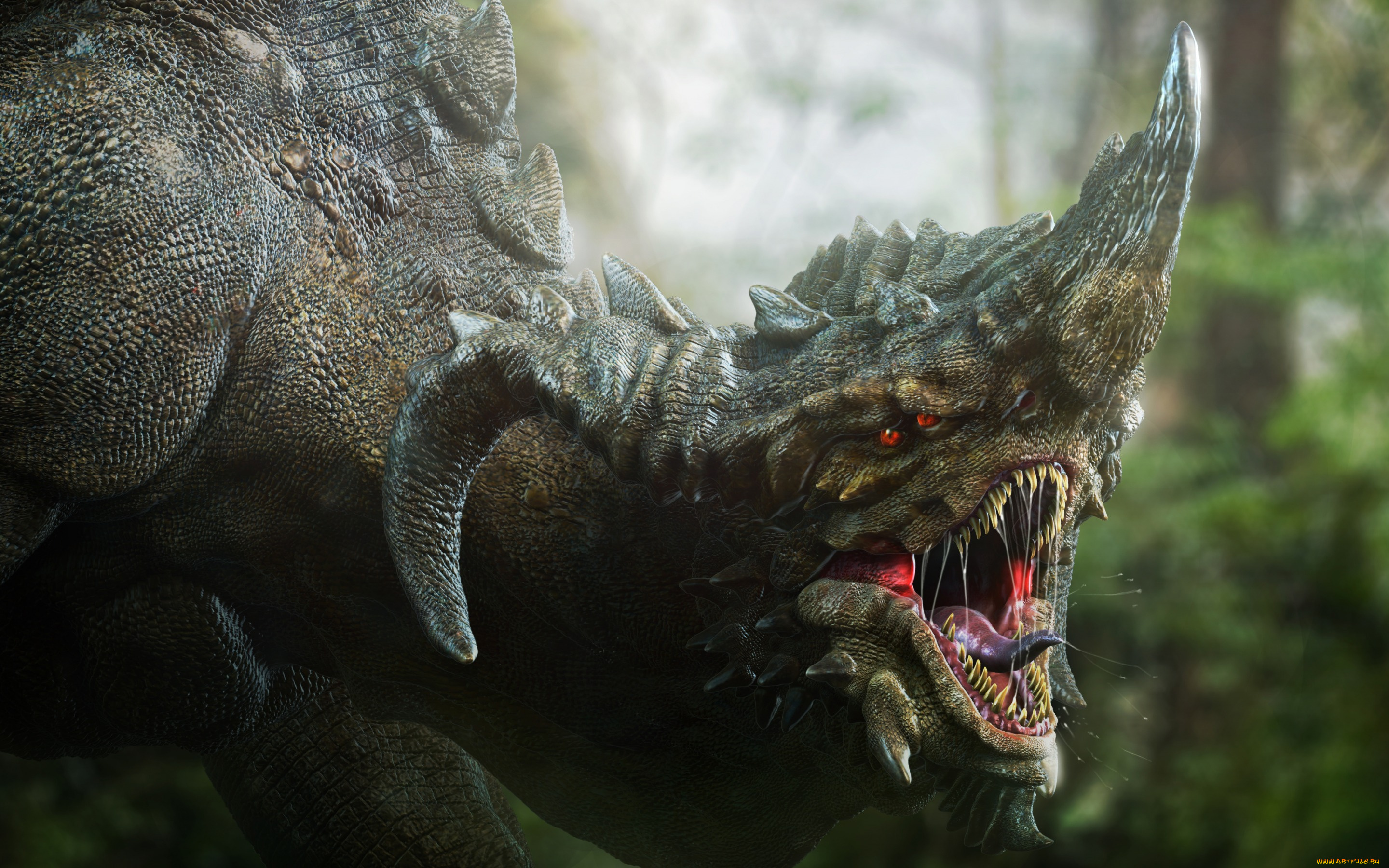 фэнтези, существа, глаза, клыки, зубы, голова, дракон, рога, фантастика, darok