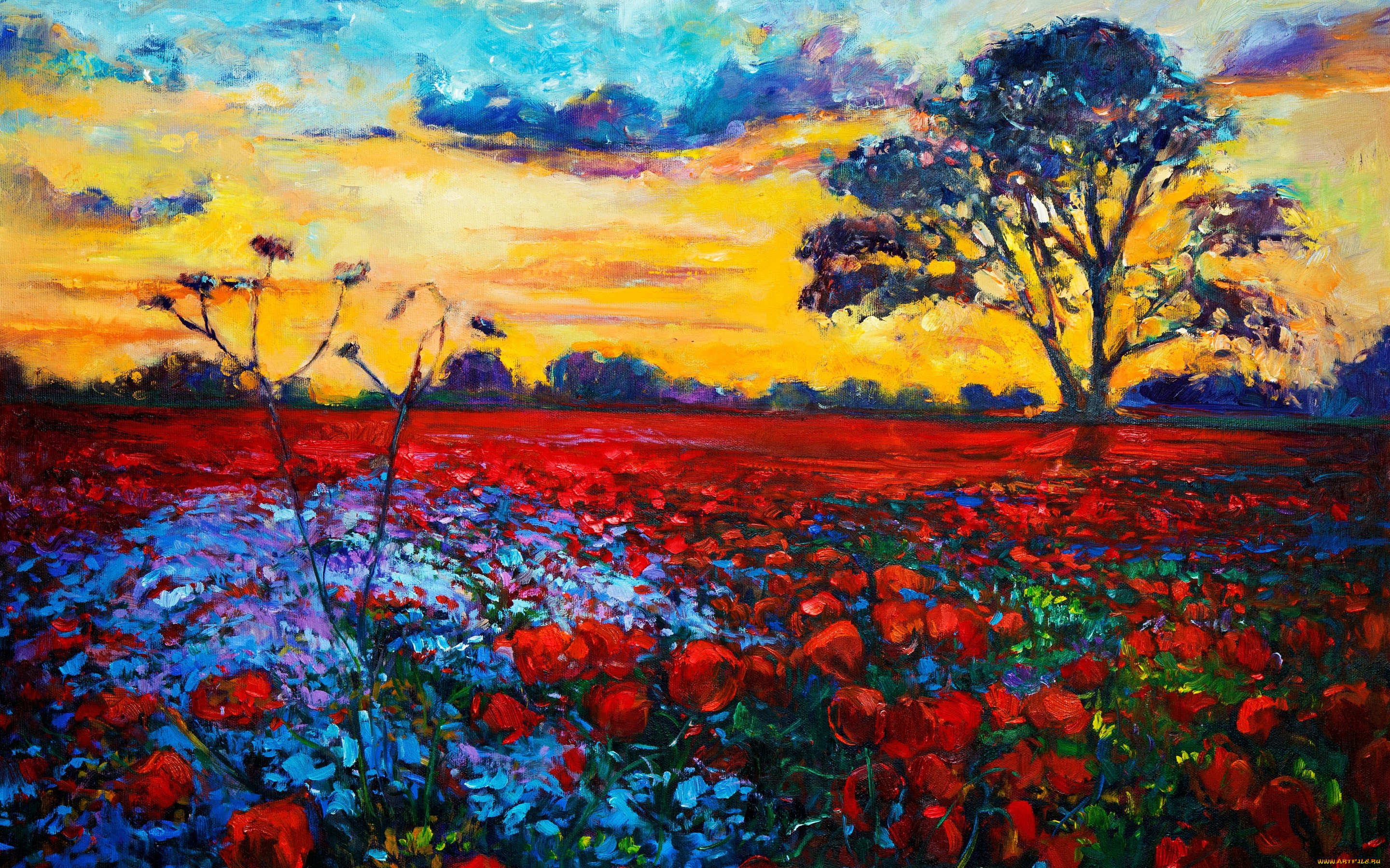 рисованное, живопись, цветы, пейзаж, деревья, небо, облака
