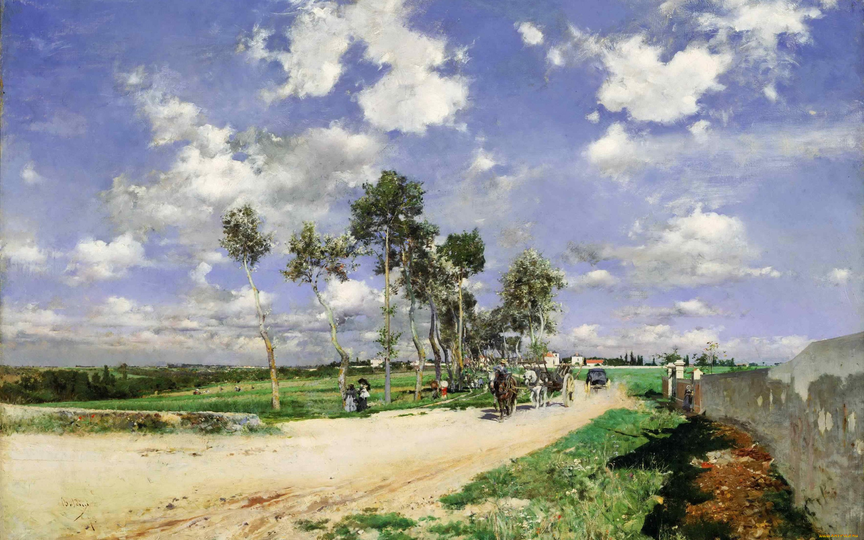 рисованное, живопись, лес, giovanni, boldini, трава, деревья, дорога, лошадь, повозка, облака, пейзаж, люди, небо, горизонт