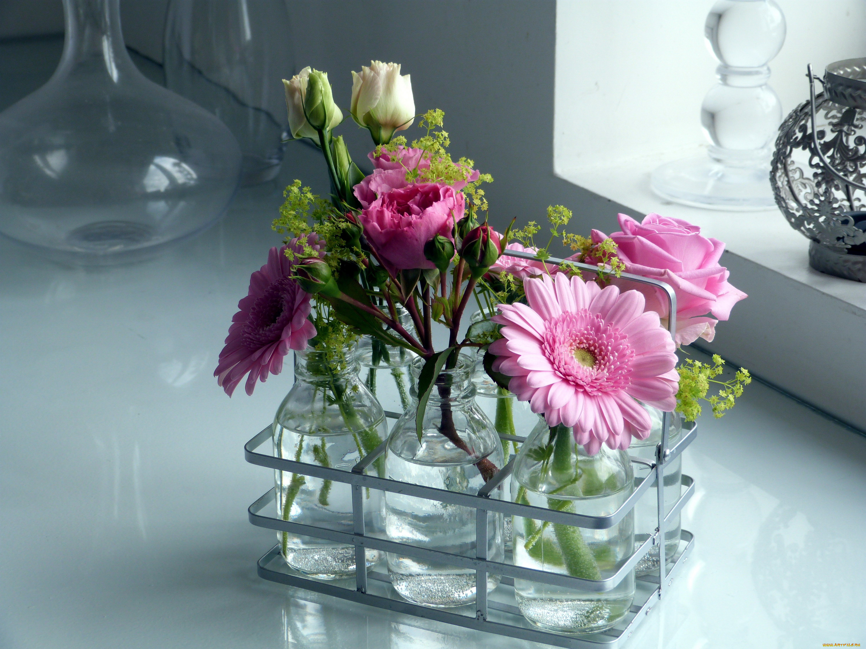 цветы, разные, вместе, розы, герберы