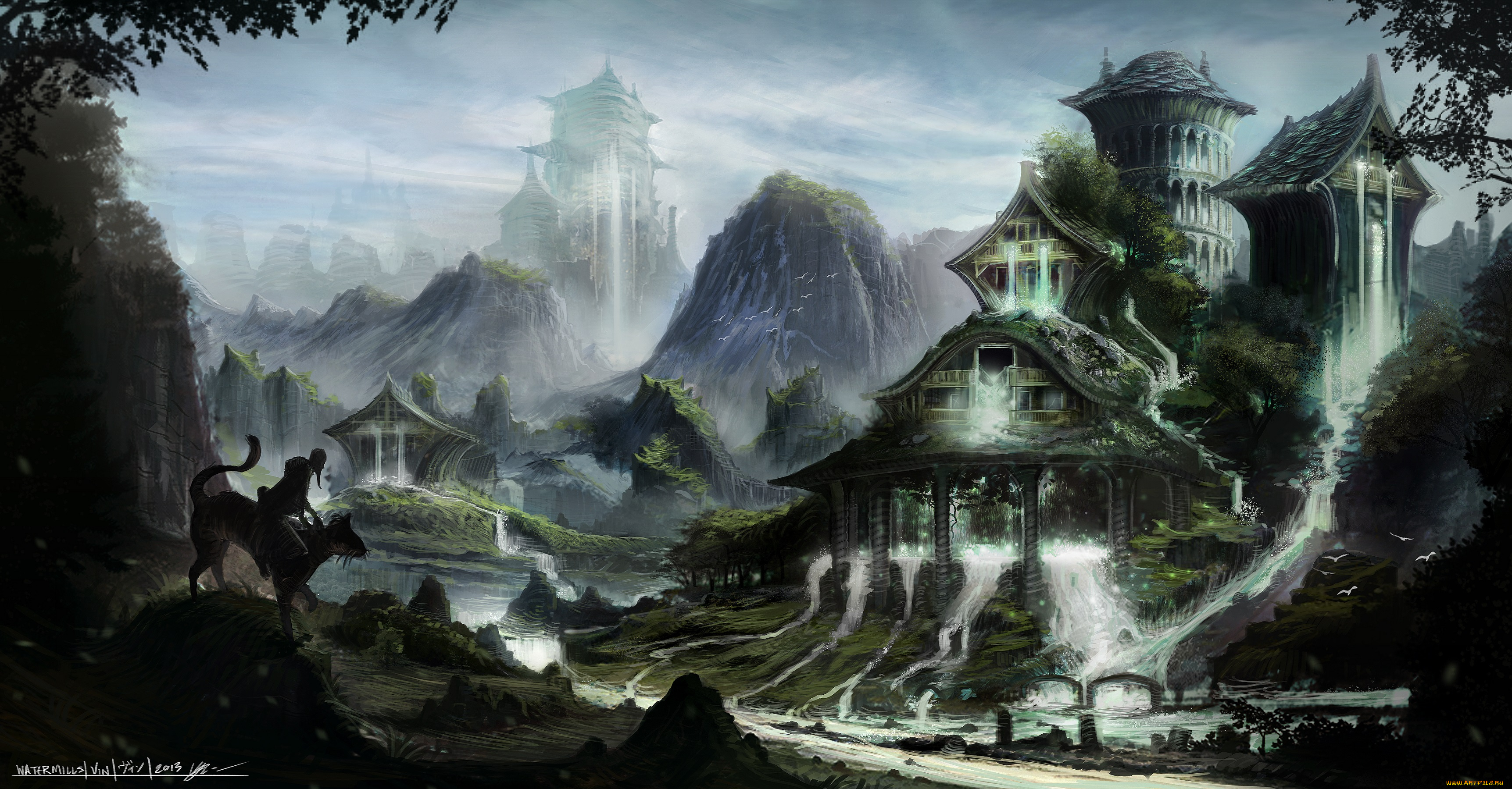 фэнтези, замки, арт, горы, дома, заросли, водопады, фигура, кошка, всадник, старик