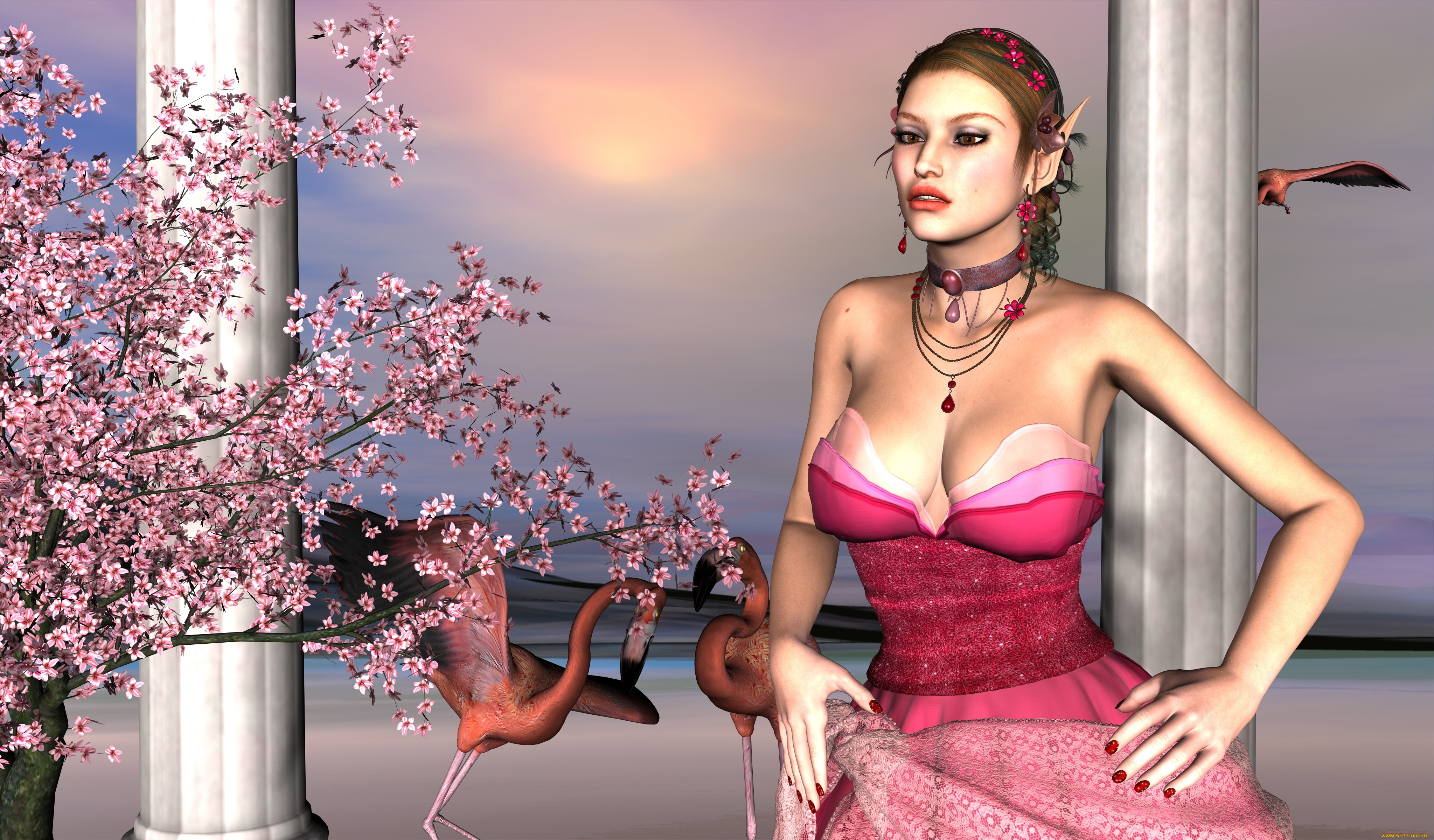 3д, графика, эльфы, , elves, эльфийка, взгляд, фон, фламинго, сакура, колоны