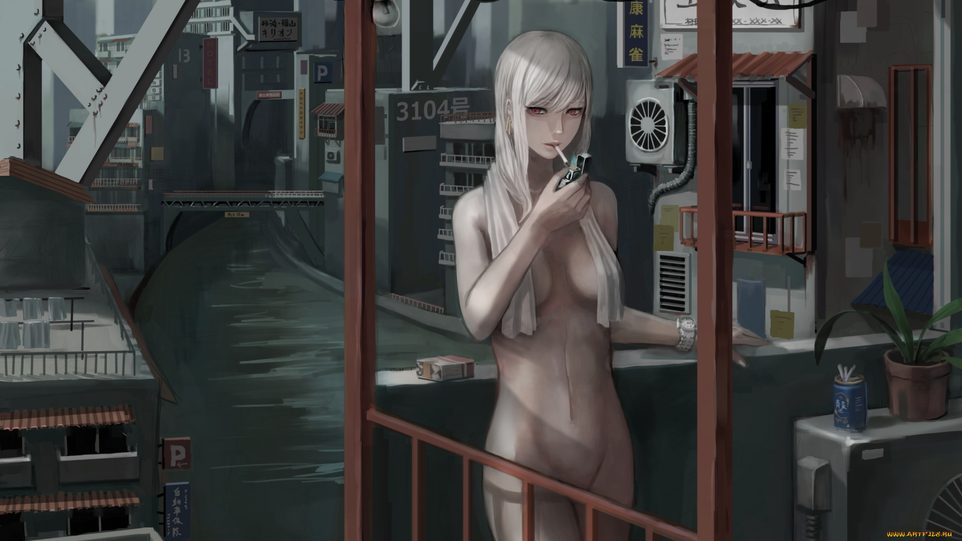 аниме, город, , улицы, , здания, девушка, голая, сигарета
