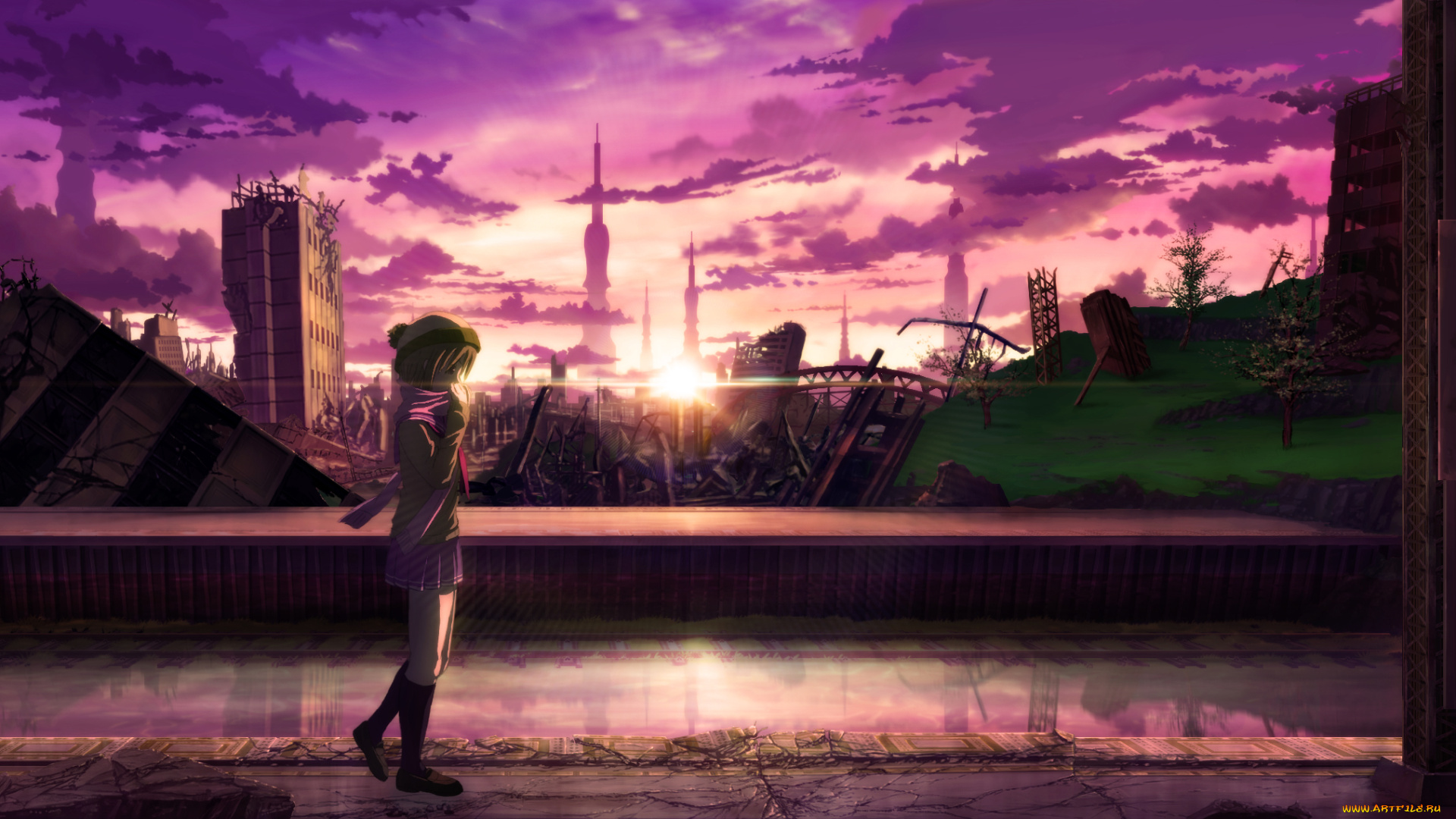 аниме, город, , улицы, , здания, руины, девочка, закат