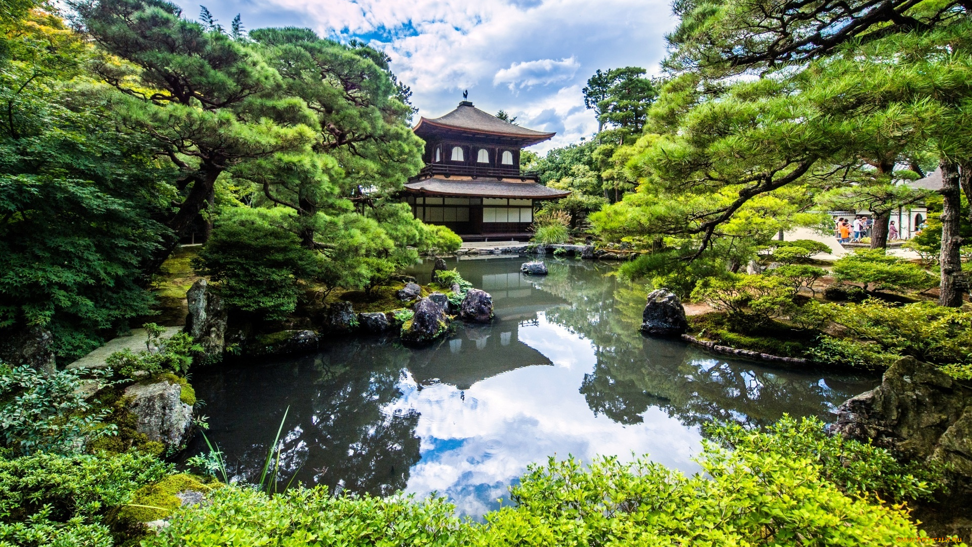 города, -, буддийские, и, другие, храмы, пагода, камни, деревья, озеро, парк, Япония