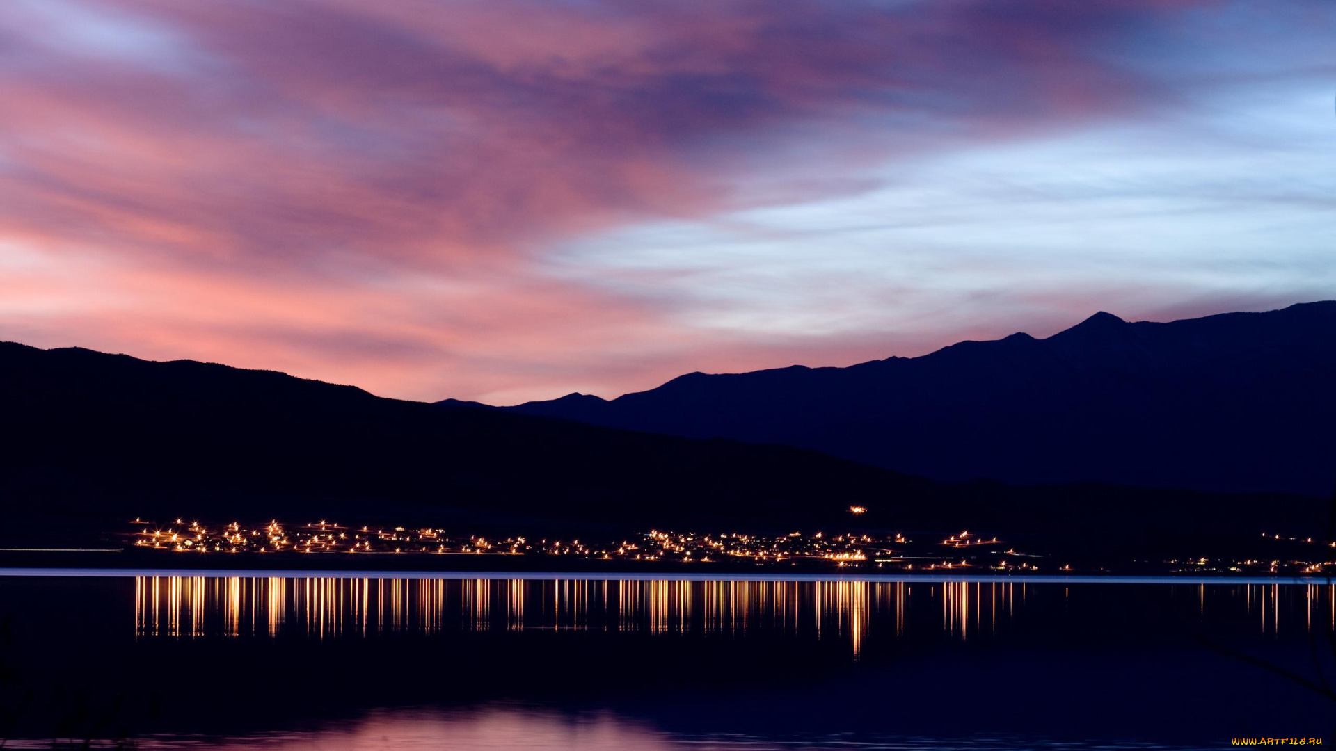 природа, восходы, закаты, селение, огни, горы, закат, облака, озеро