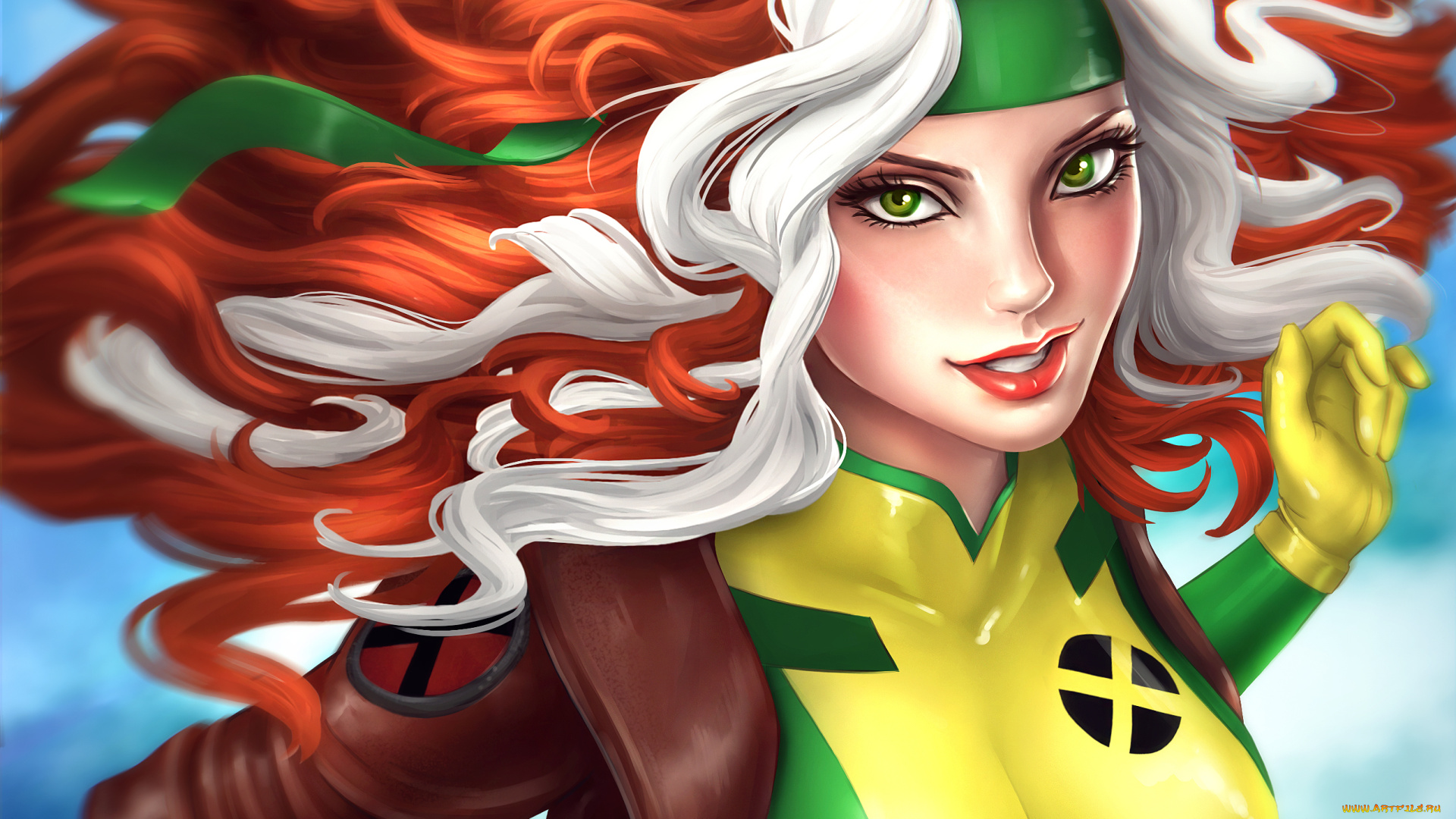 рисованное, комиксы, marvel, comics, rogue, роуг, шельма, костюм, взгляд, зеленые, глаза, полет