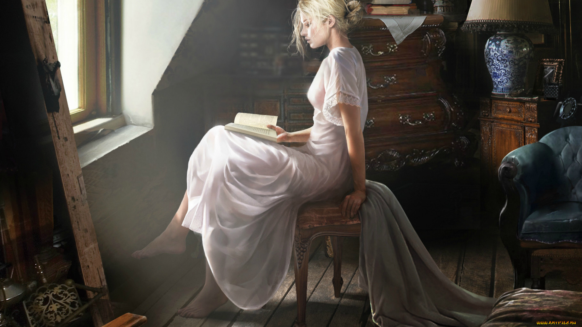 рисованное, люди, девушка, сидит, профиль, читает, книга, комната, окно