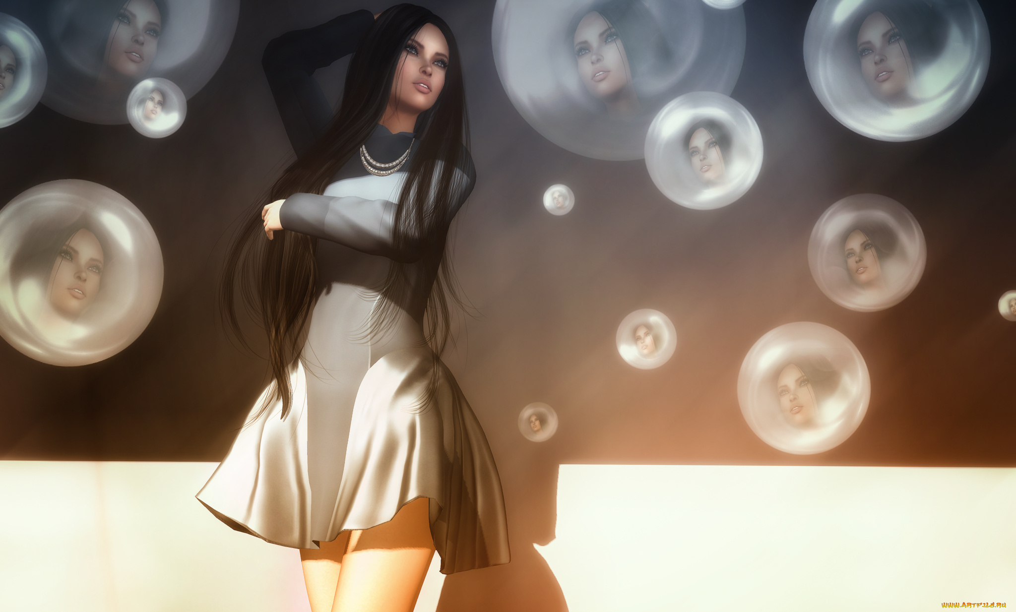 3д, графика, люди, , people, красотка, отражение, взгляд, девушка, круги, фон, волосы, лицо, платье