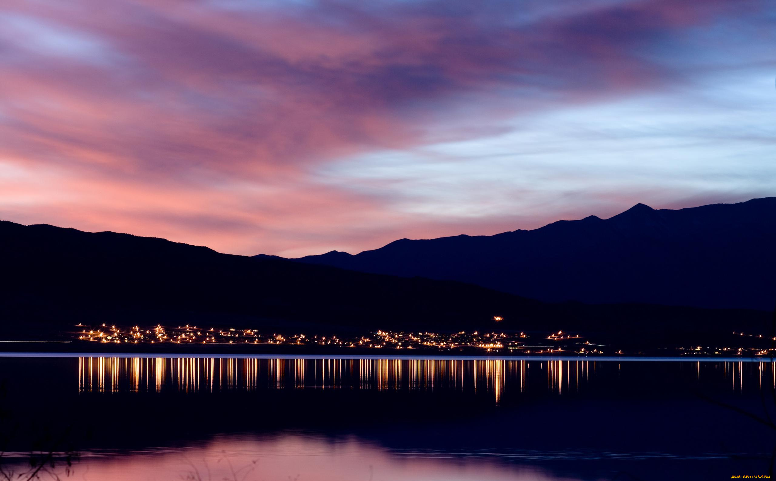 природа, восходы, закаты, селение, огни, горы, закат, облака, озеро