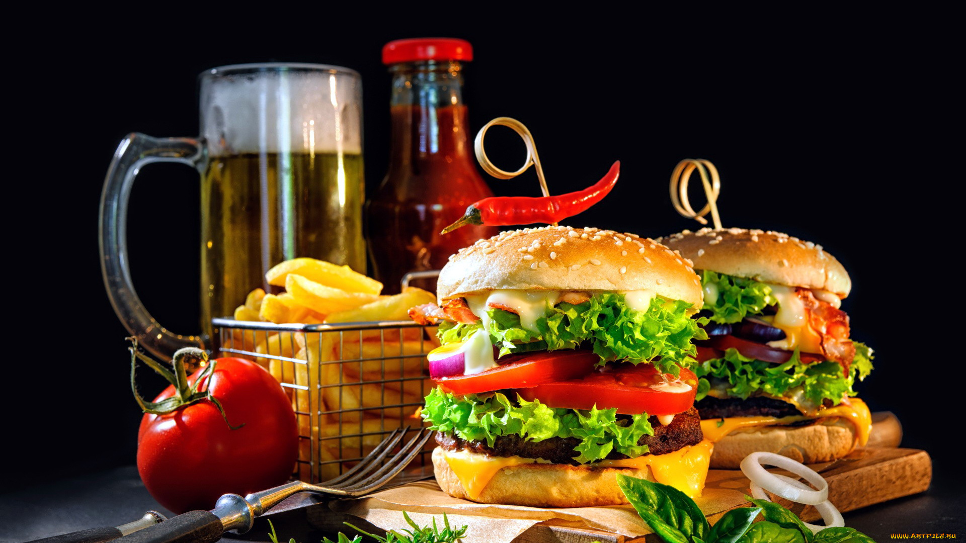 еда, бутерброды, , гамбургеры, , канапе, кетчуп, пиво, гамбургеры, помидоры, томаты