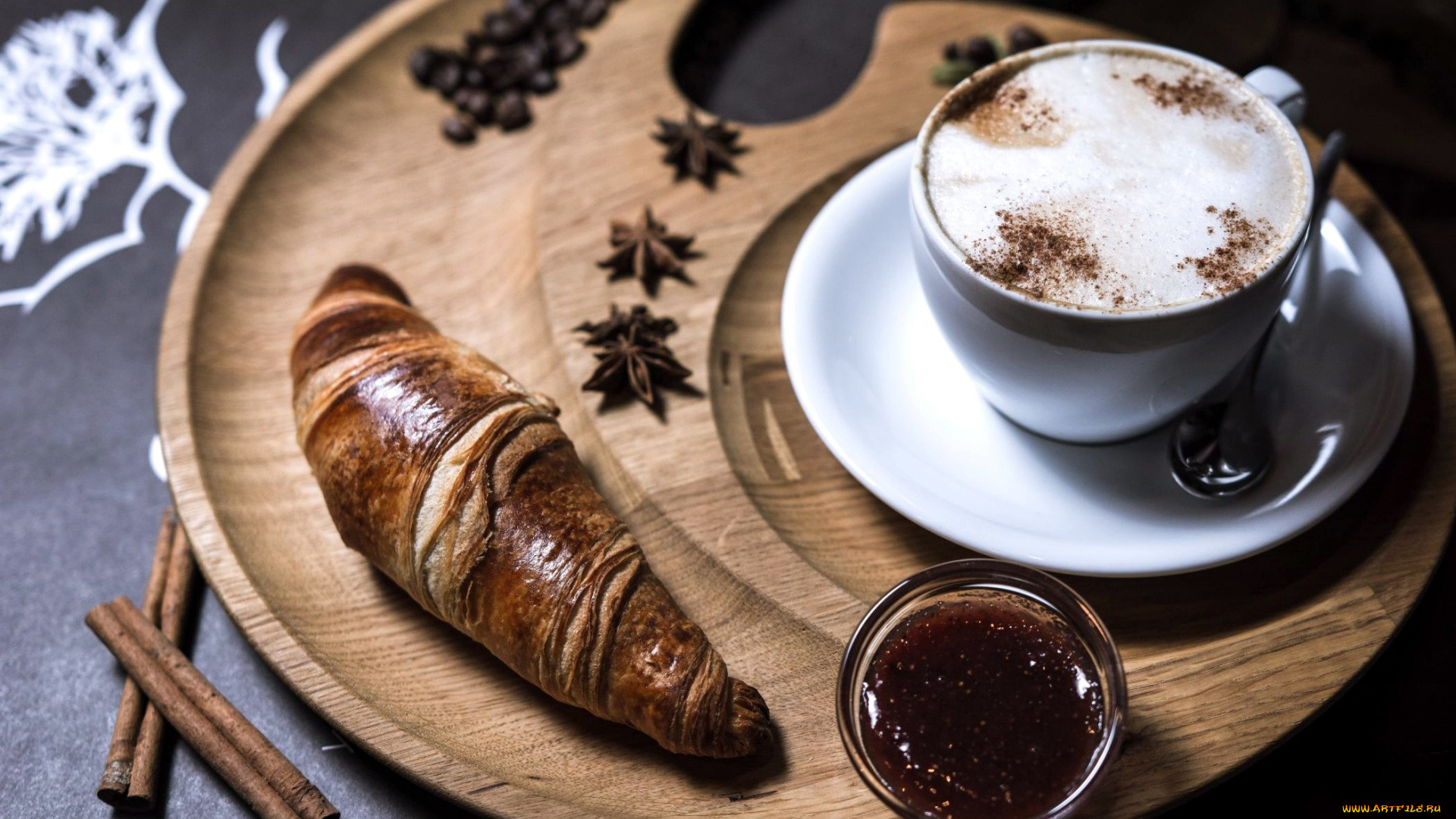 еда, кофе, , кофейные, зёрна, капучино, круассан