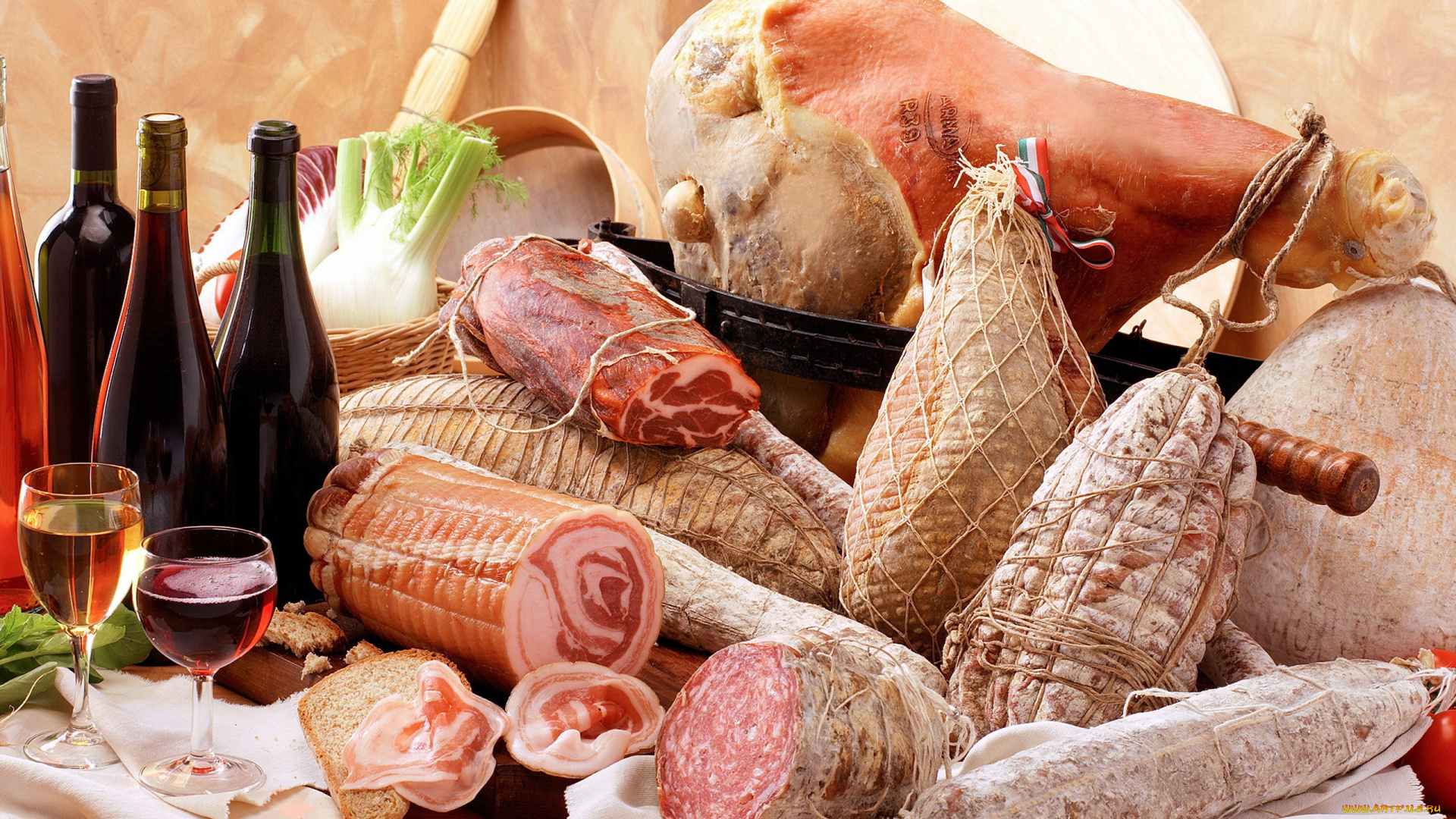 еда, колбасные, изделия, колбаса, копчености, окорок, вино
