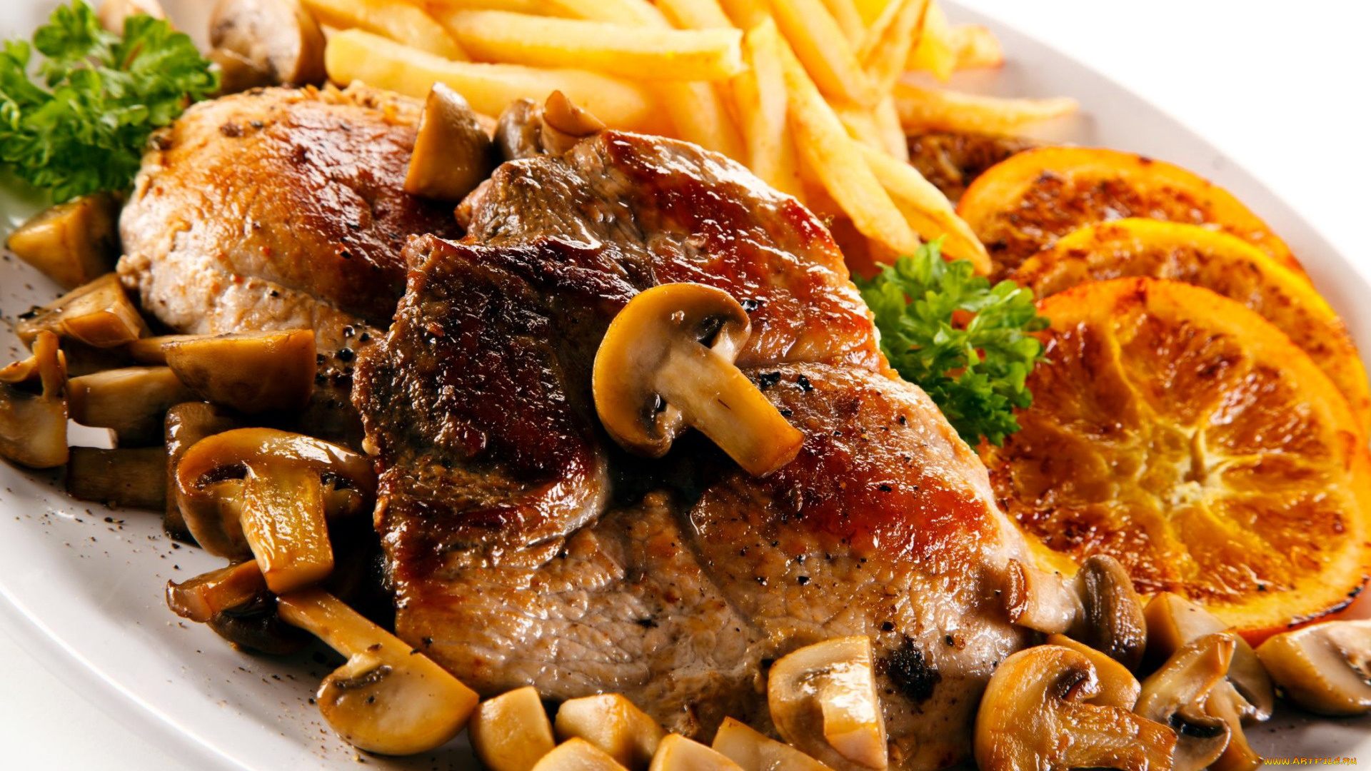 еда, мясные, блюда, грибы, свинина, картофель, отбивная