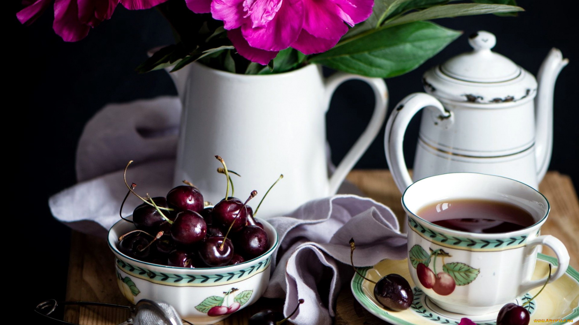 еда, вишня, , черешня, пионы, черешня, чай