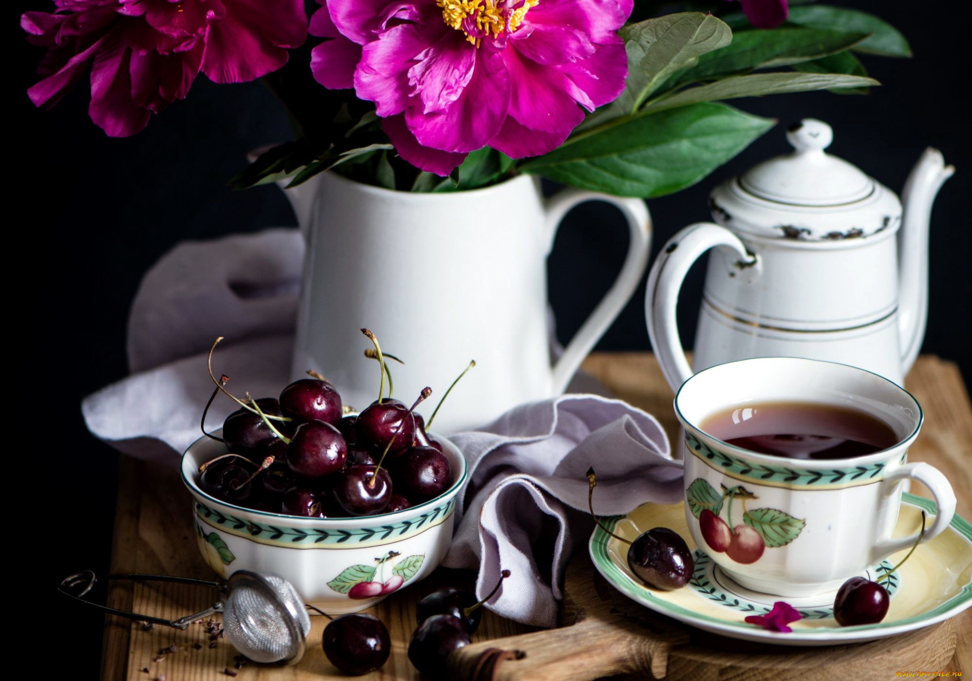 еда, вишня, , черешня, пионы, черешня, чай