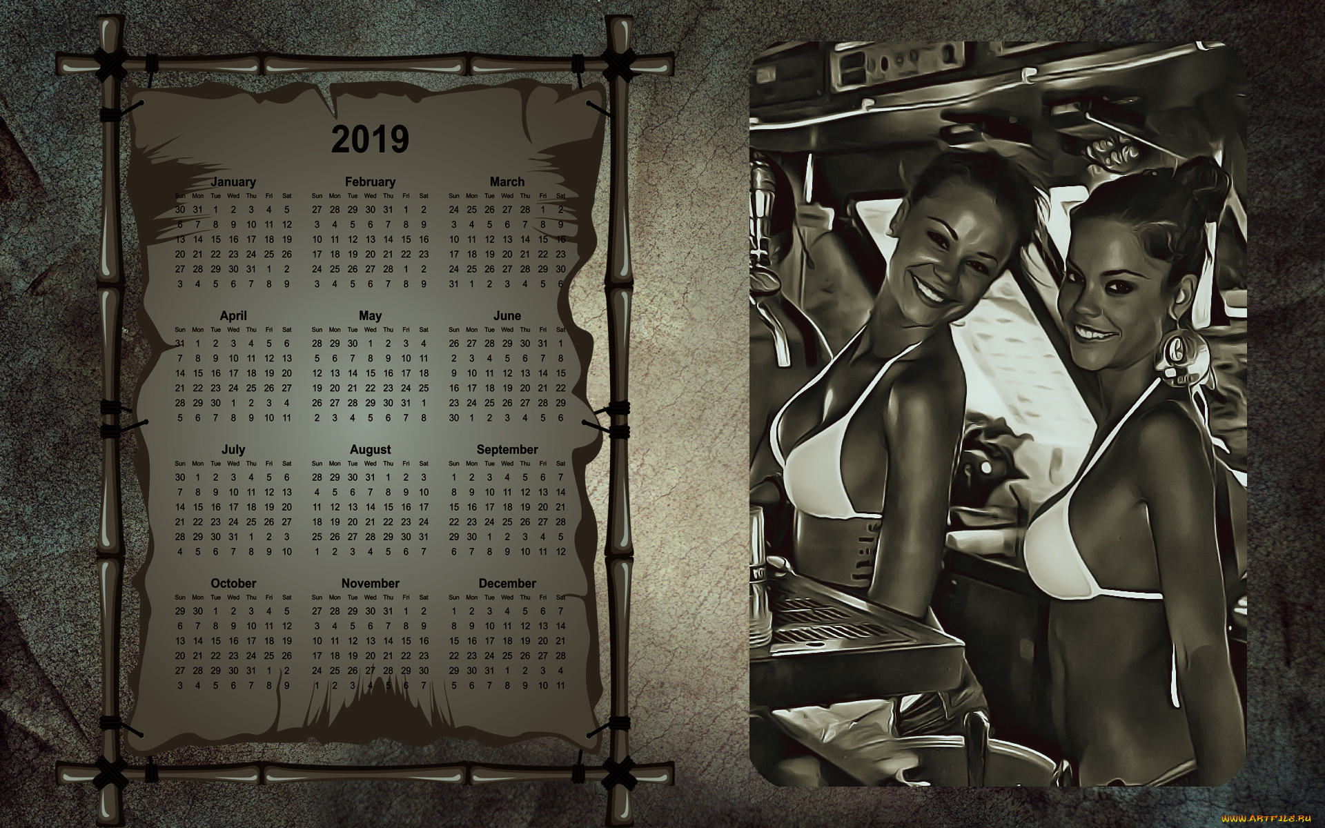 календари, компьютерный, дизайн, двое, улыбка, девушка, купальник