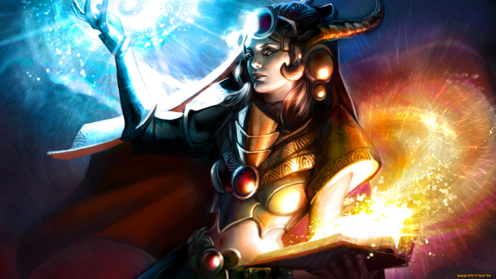 фэнтези, маги, , волшебники, девушка, фон, рога, книга, магия