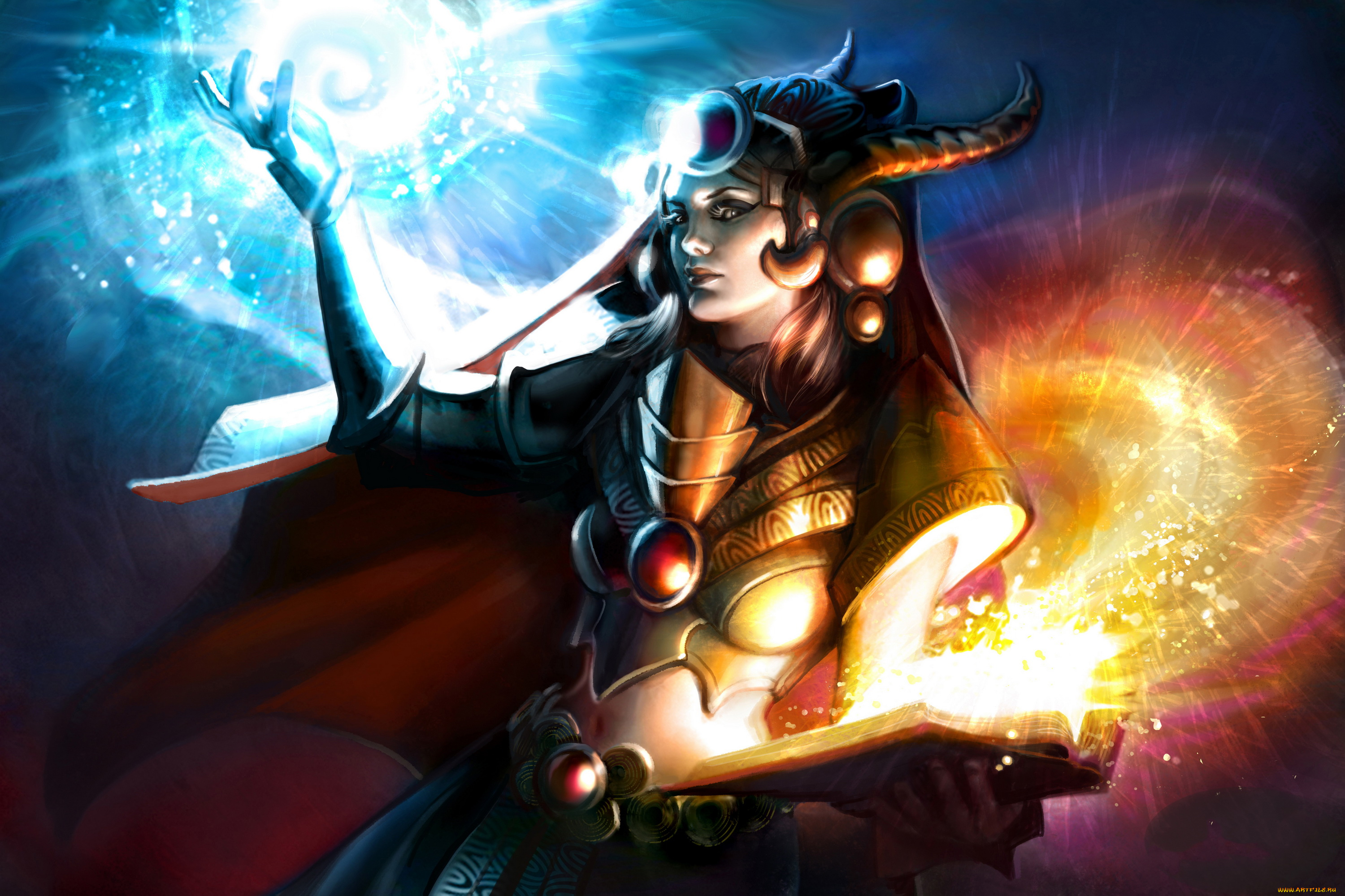 фэнтези, маги, , волшебники, девушка, фон, рога, книга, магия