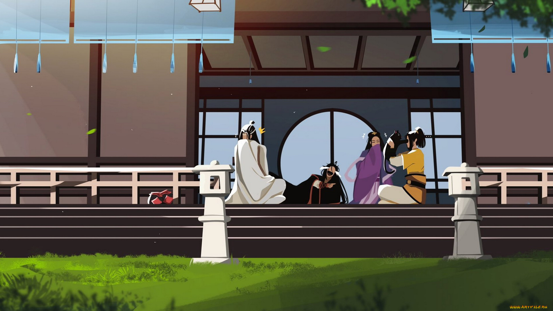 аниме, mo, dao, zu, shi, персонажи, смех, кот, дом, крыльцо