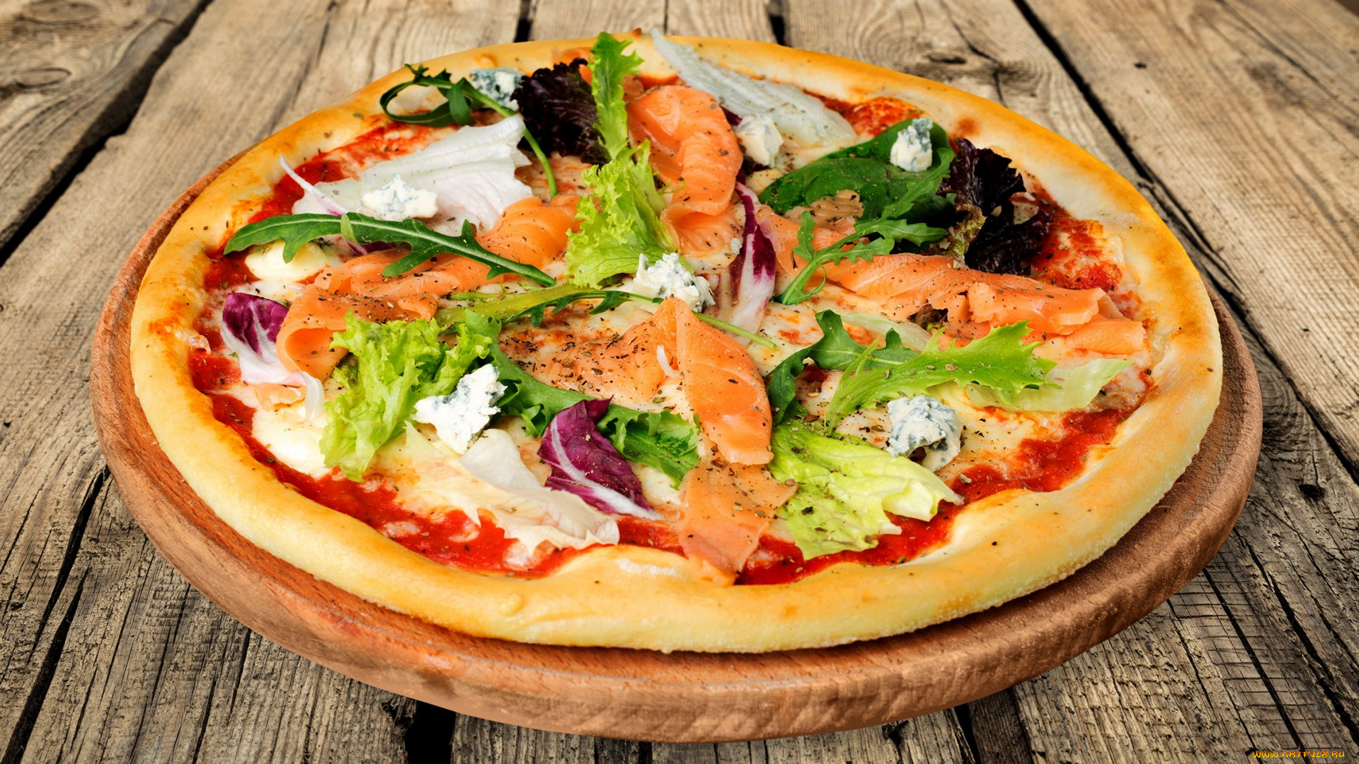 еда, пицца, форель, зелень