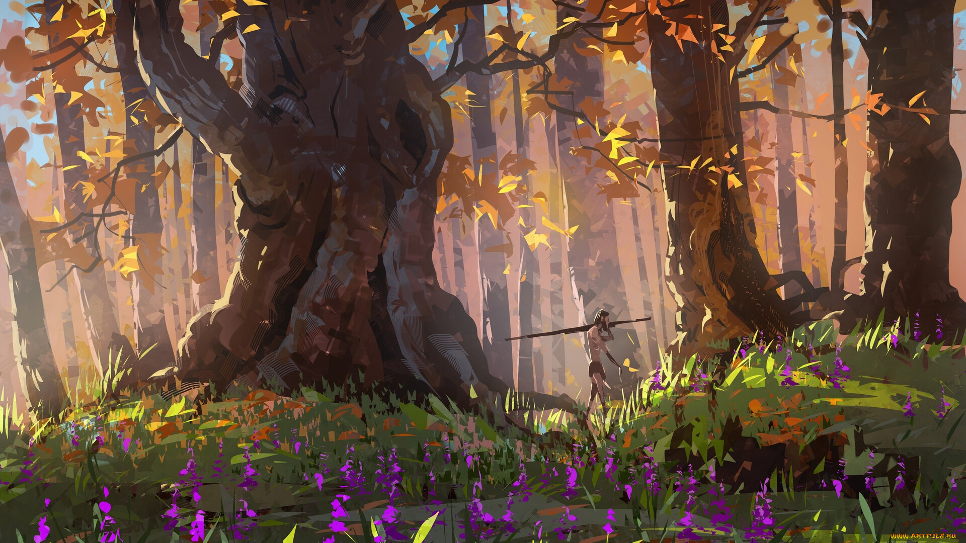 рисованное, природа, лес, цветы, человек