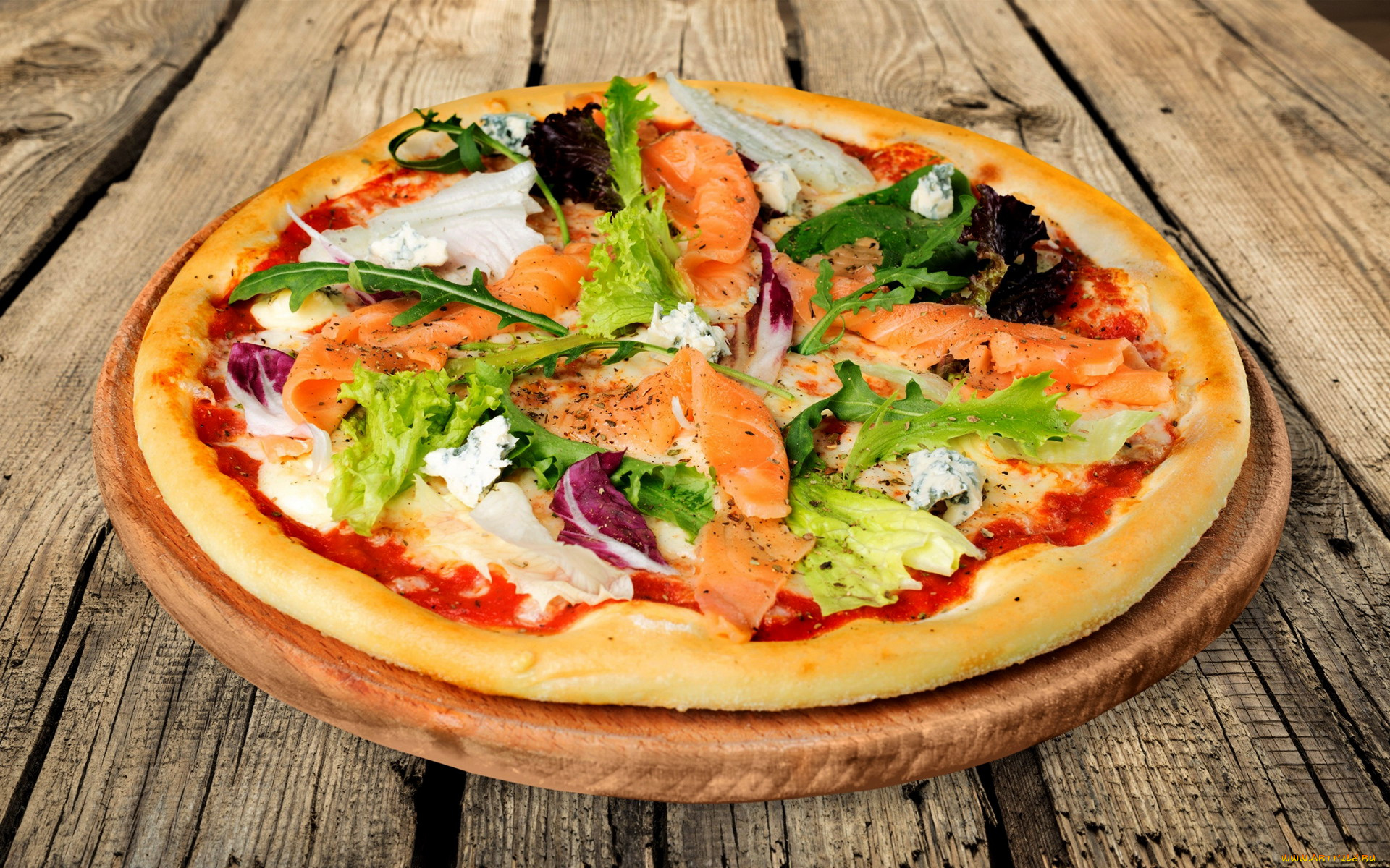 еда, пицца, форель, зелень