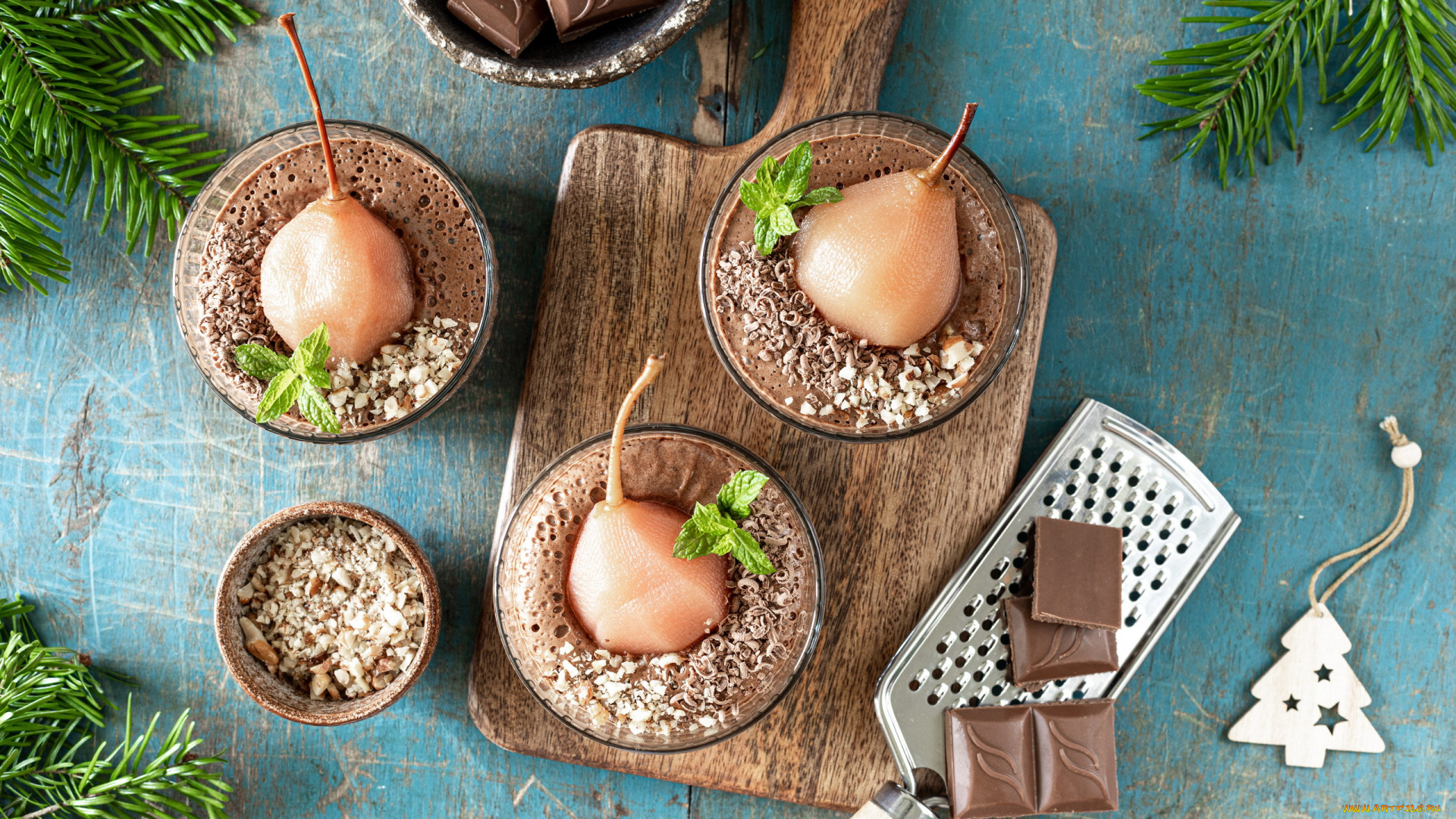 еда, груши, шоколад, мята