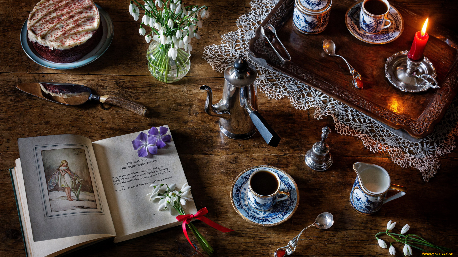 еда, натюрморт, свеча, кофе, торт, цветы