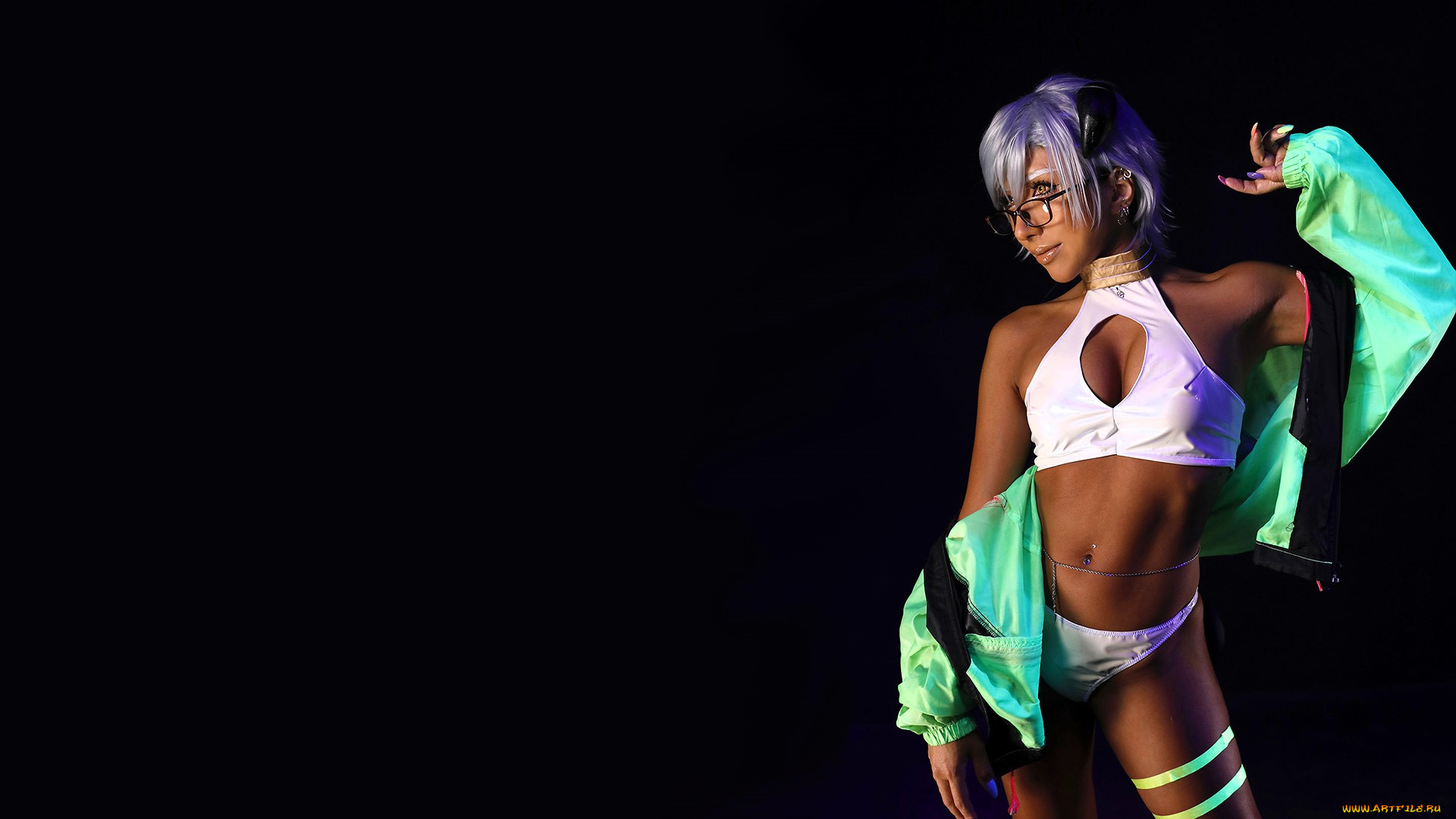 девушки, nonsummerjack, образ, косплей, очки, куртка, белье