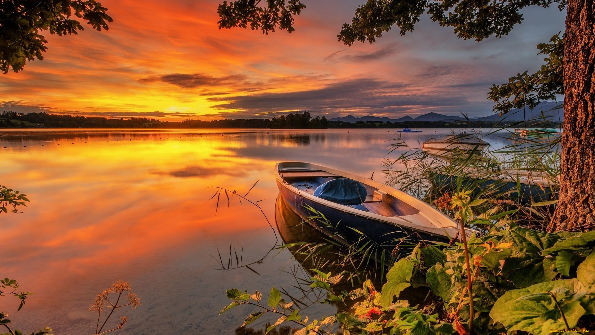 корабли, лодки, , шлюпки, горы, озеро, закат