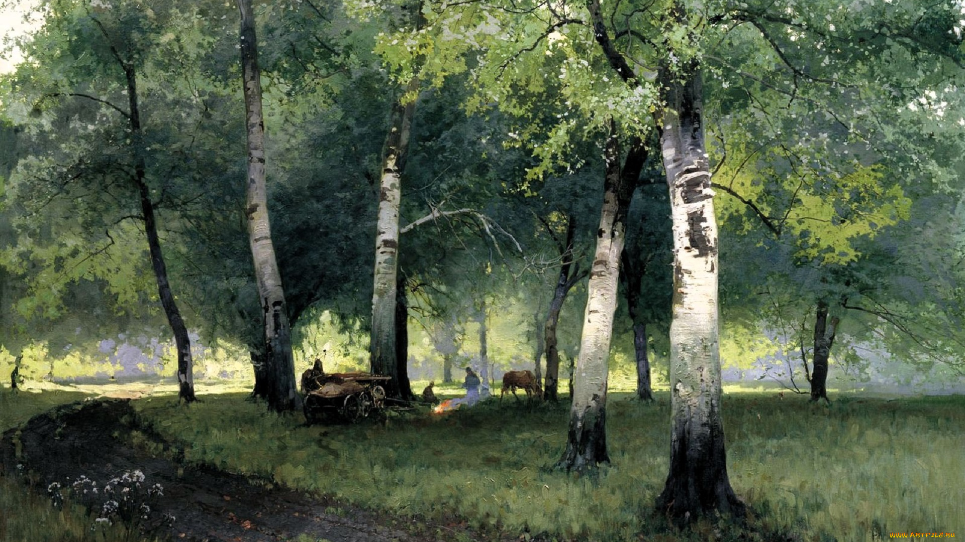 рисованное, андрей, шильдер, лес, березы, дорога, телега