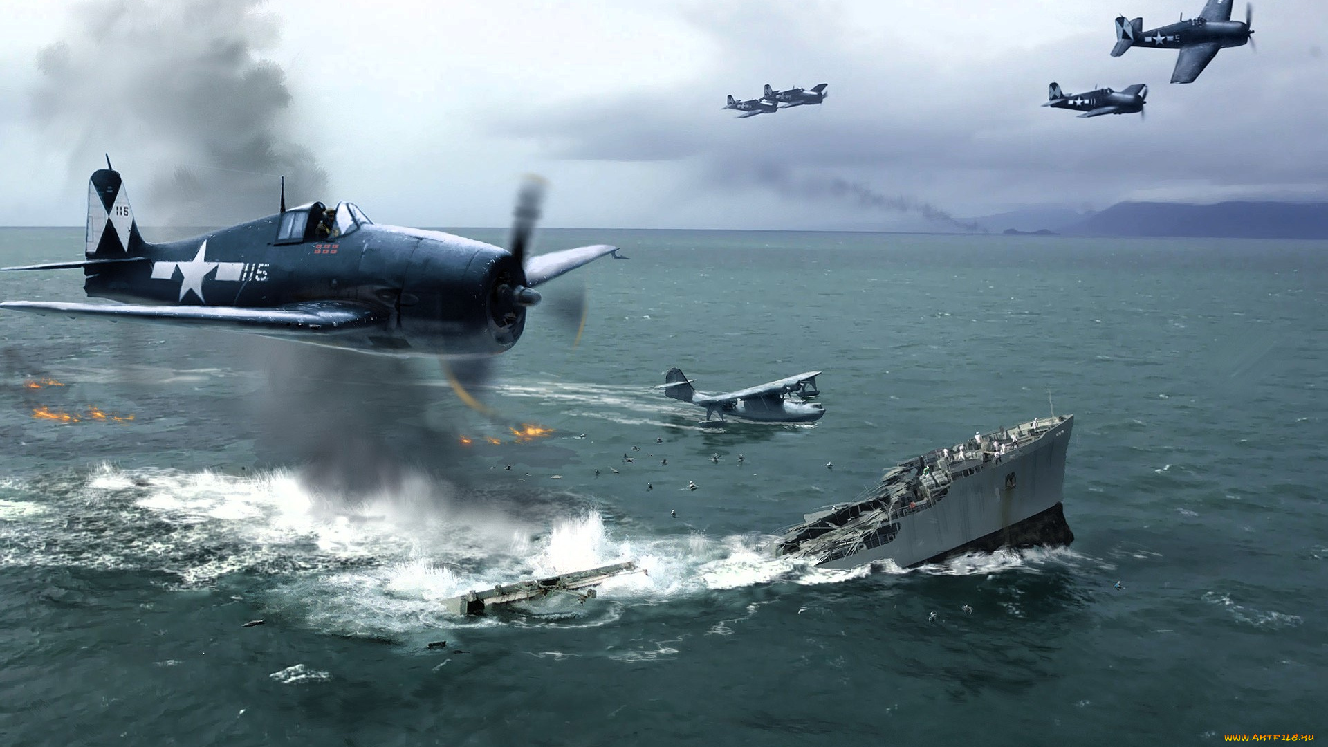 видео, игры, medal, of, honor, , pacific, assault, самолеты, корабль, море, люди, спасение