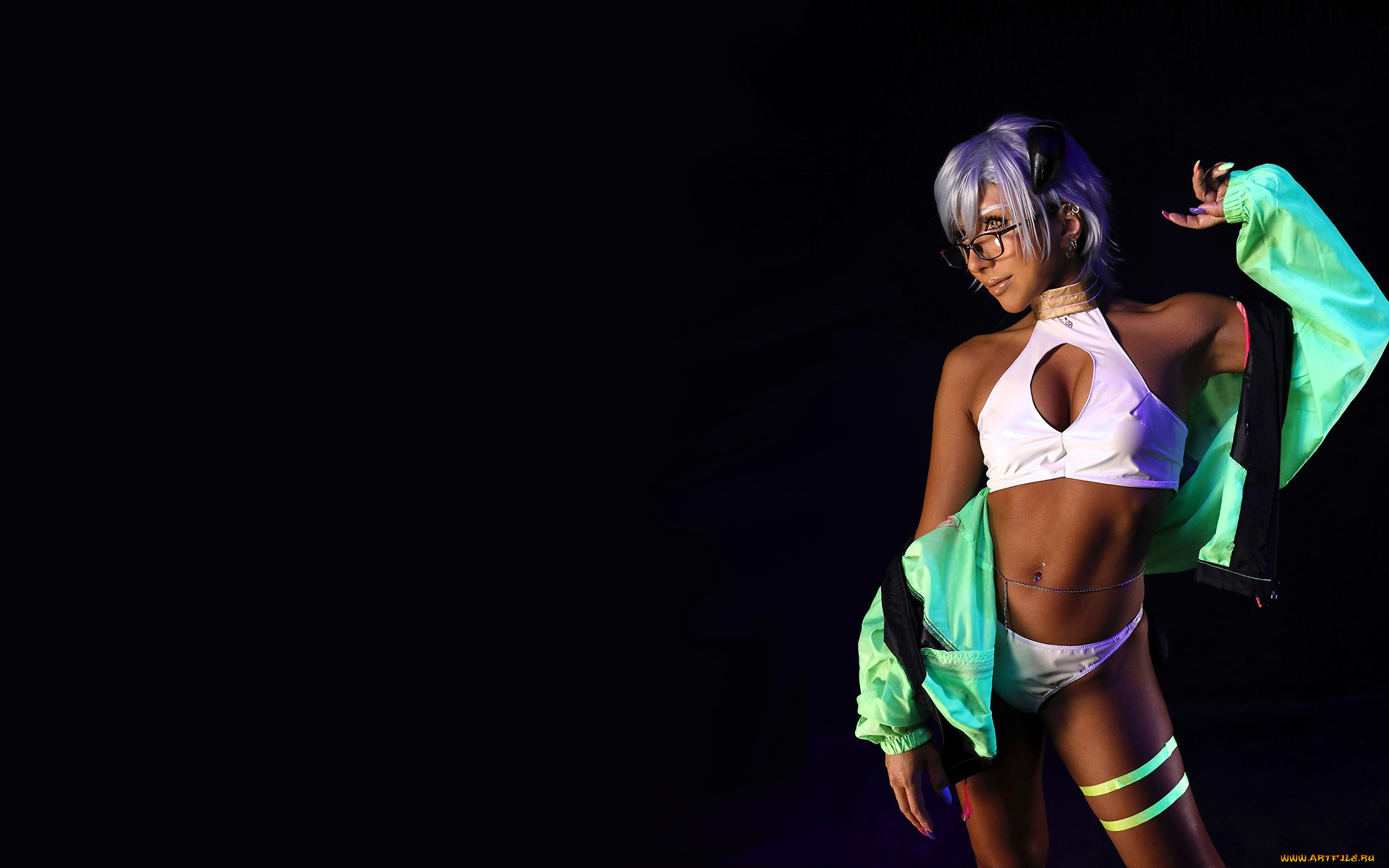 девушки, nonsummerjack, образ, косплей, очки, куртка, белье