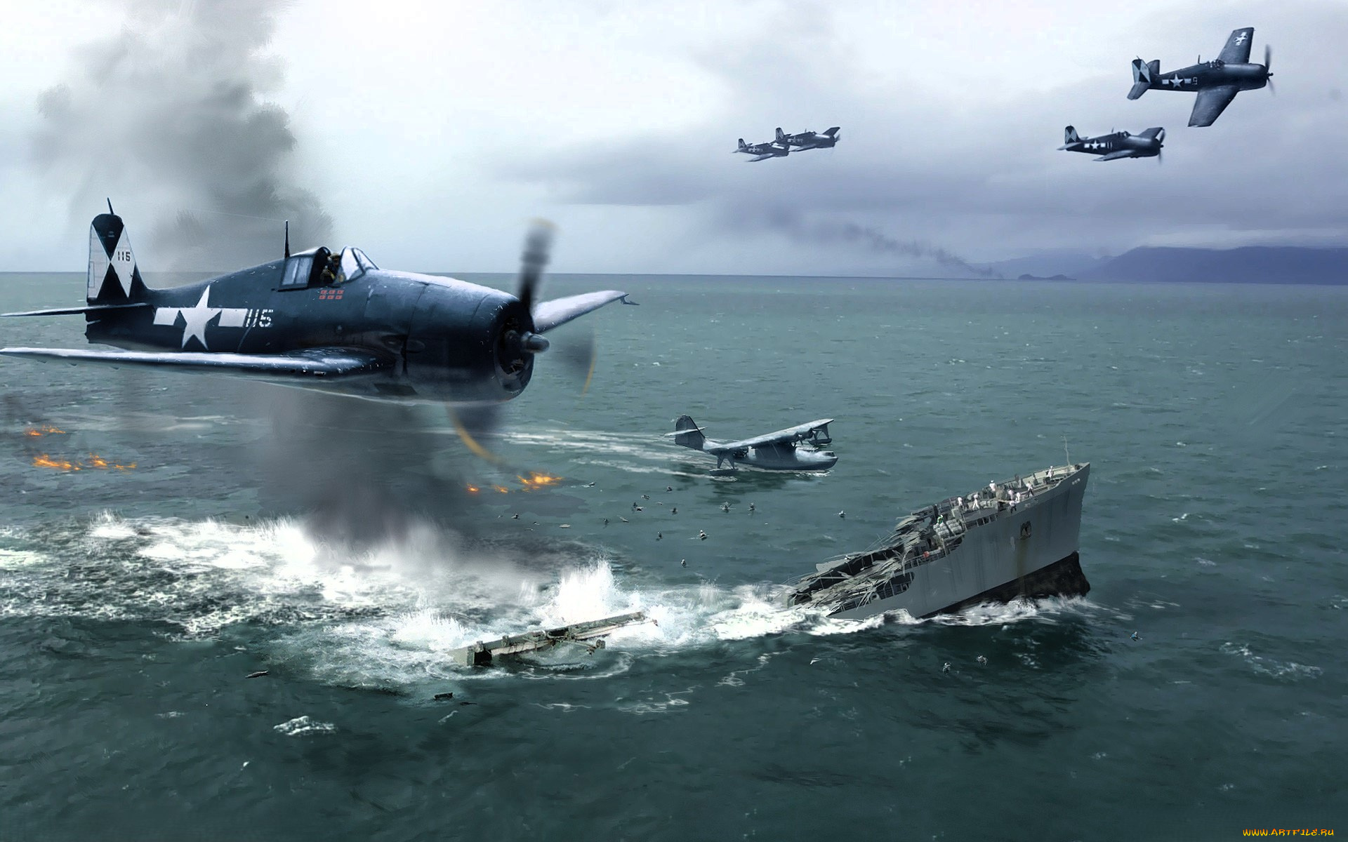 видео, игры, medal, of, honor, , pacific, assault, самолеты, корабль, море, люди, спасение